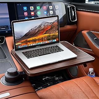 Wood Car Desk for Laptop, 360° Rotating Wood Cup Holder Table Tray for Drivers and Passengers, Car Accessories Compatible with Tesla Model Y/3/S, Ford F150/Explorer/Maverick & Most Vehicles