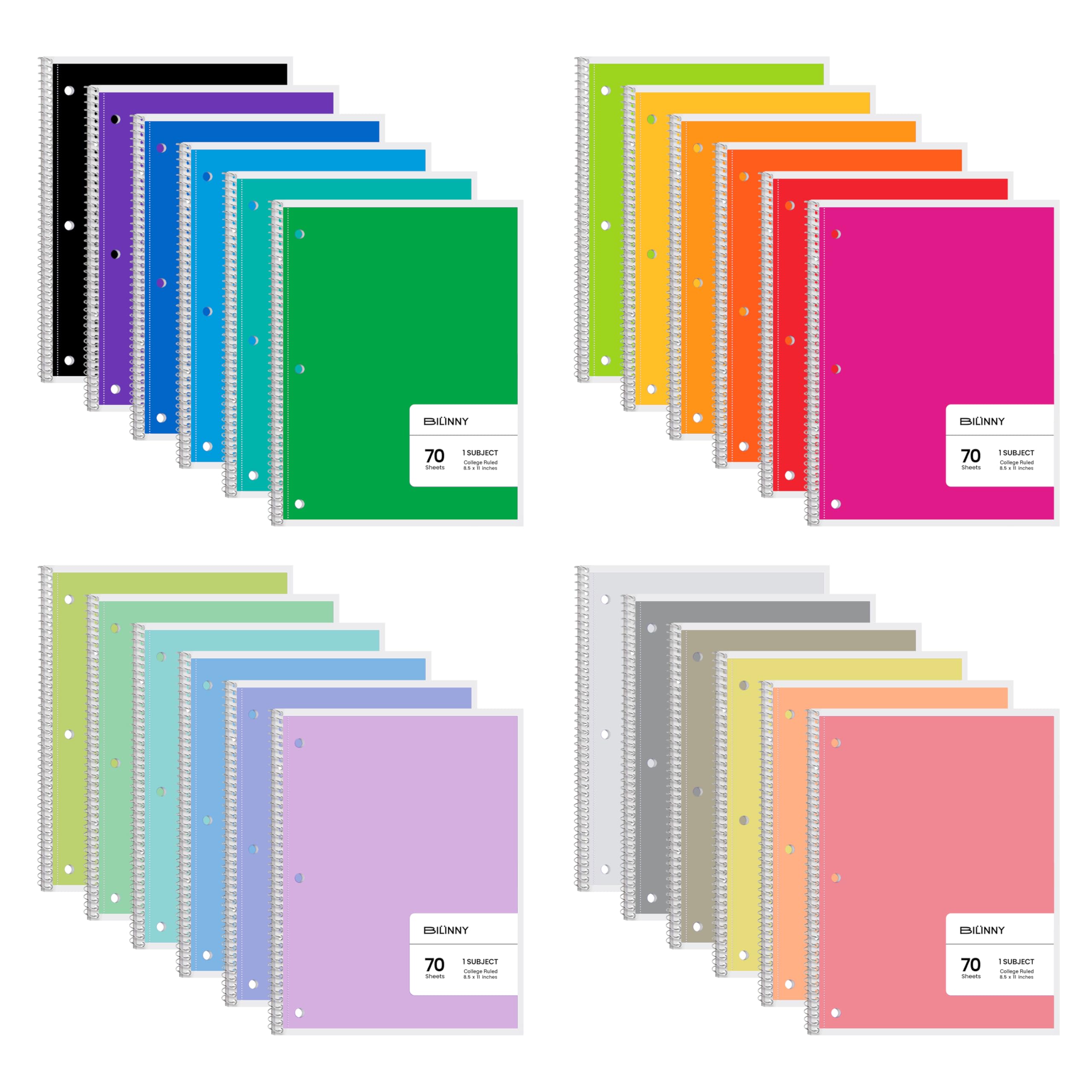Spiral Notebook 24 Pack of 12 Bright & 12 Pastel Colors, 1 Subject, College Ruled, Notebooks for School - 8 X 10.5 Inch - 70 Sheets (24 Pack)