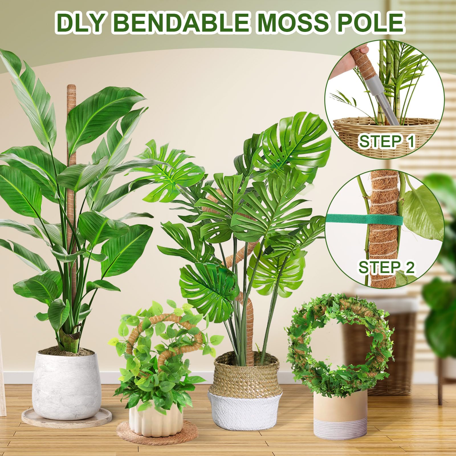 Monstera podpórka do roślin pnących, 3 sztuki, 120 cm i 60 cm, pręt do mchu z akcesoriami, giętki, ręcznie wykonany pręt kokosowy, podpórka do roślin wewnętrznych, roślin pokojowych