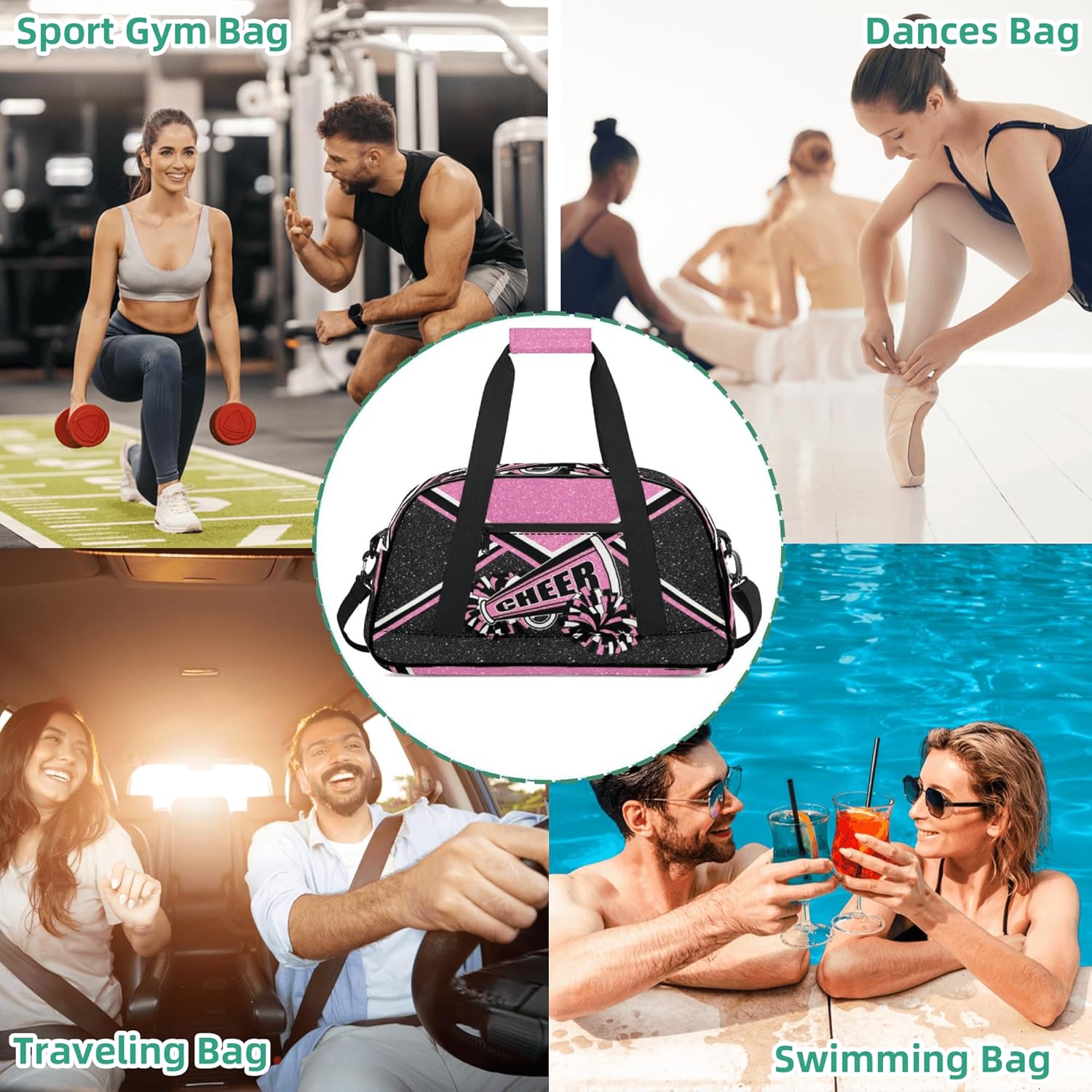 Gym Bag for Cheerleaders, Cheer Duffle Bag for Women, Carry on Weekender Bags, Travel Bag Cheerleading Duffel Bag (Pink)
