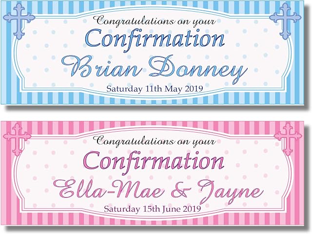 2 Personalised Congratulations ON Your Confirmation Banners - Any Name & Date - Available for Girl OR BOY (Approx 3ft x 1ft) (Blue - Boy)