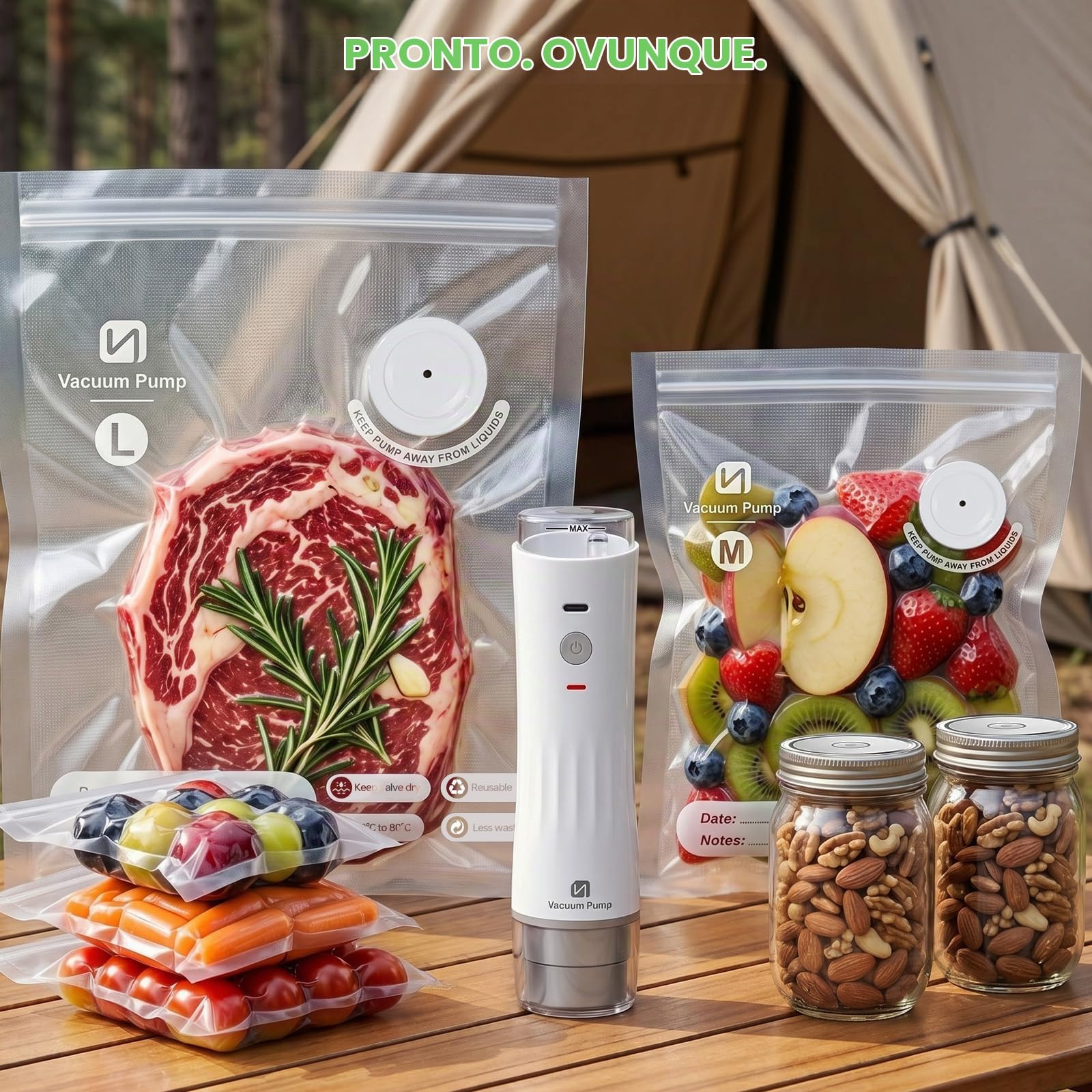 3 in 1 pratica macchina sottovuoto compatta con serbatoio d'acqua, saldatrice per alimenti con 15 sacchetti riutilizzabili, 10 coperchi per barattoli Mason, ricarica USB, freschezza garantita