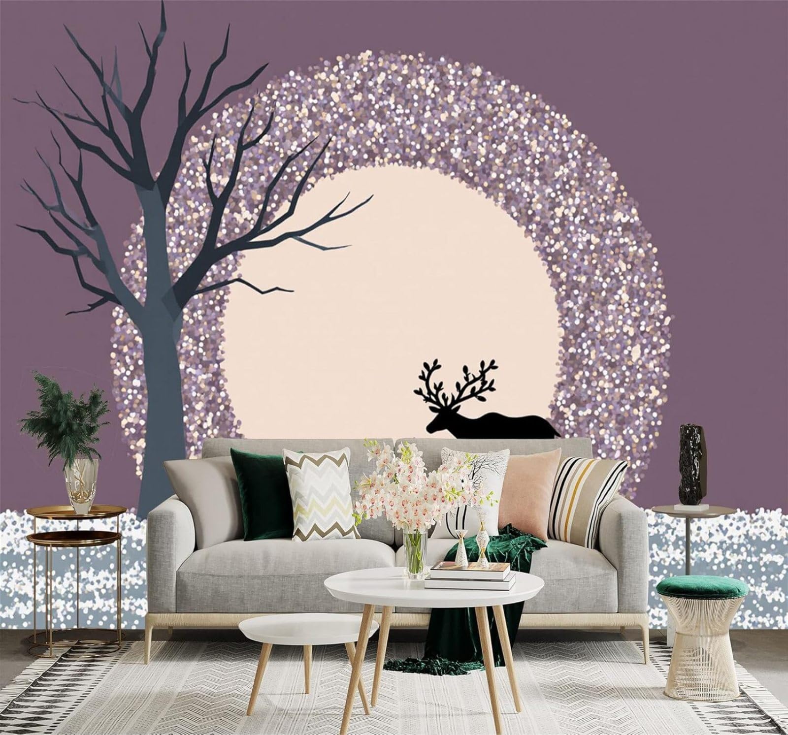 XLMING Deer Tree Silhouettes Shining Moon Snowy Landscape Purple 3D Wallpaper Silky Texture Home Study Office Grey Dining Room Sofa Bedroom Living Room TV Backdrop-350cm×256cm