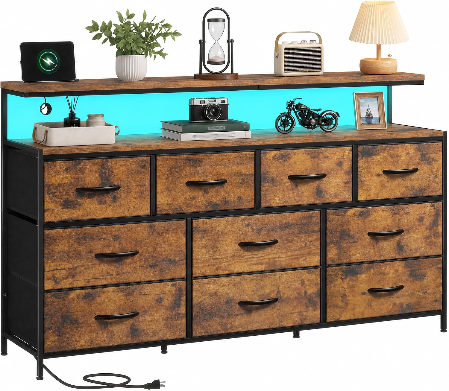 DurayLoly 10-Drawer Dresser with Charging Station & LED, 2 Open Shelves