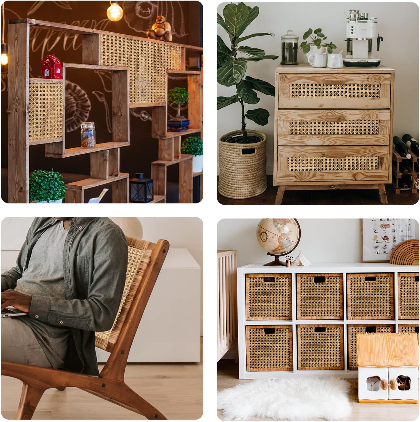 Cane Rattan Webbing Roll, 3.28ft x 15.8inch Woven Open Rattan Mesh Natural Rattan Webbing for Caning Projects Star Anise Wide Rattan for DIY Crafts Cabinet Chair Furniture