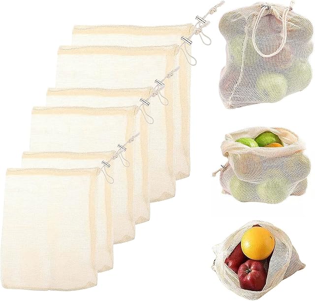 YORKING 6 Pcs Reusable Produce Bags Cotton Mesh Fruit Bag Washable Reusable Net Produce Bag with Shrink Band for Fruits Veggies Grocery Shopping