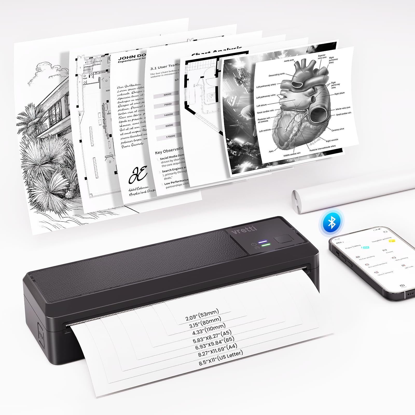vretti Stampante Portatile A4, Stampante Termica Portatile A4 per Viaggio, Connessione Bluetooth per Smartphone, Compatibile con Android/iOS, Stampante da Viaggio per Casa, Studio
