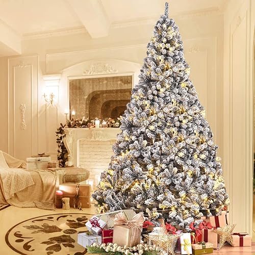 Miniatura 3 de ReunionG Árbol de Navidad de nieve de 9 pies, pino artificial flocado con bisagras, árbol de decoración navideña con agujas de PVC de alta calidad y