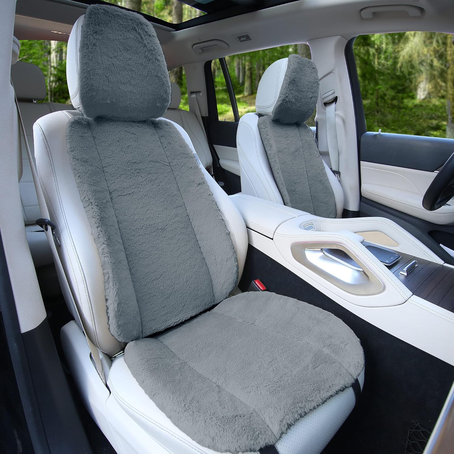 FH Group Front Set Faux Rabbit Fur Car Seat Covers , Universal Fit, Car Seat Cushion, Airbag Compatible Seat Cover for SUV, Sedan, Van Gray