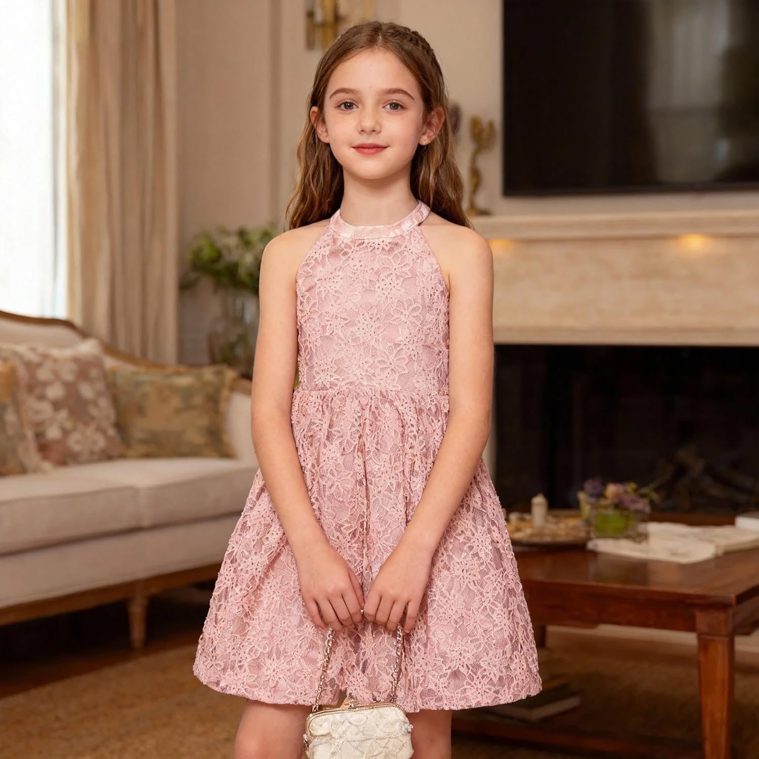 Girls Halter Neck Sleeveless A-Line Flared Swing Flower Lace Casual and Party Dress 6-13 Years - Image 5