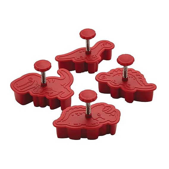Meyer Cake Boss Decorating Tools 4-Piece Dinosaur Fondant Press Set, Red