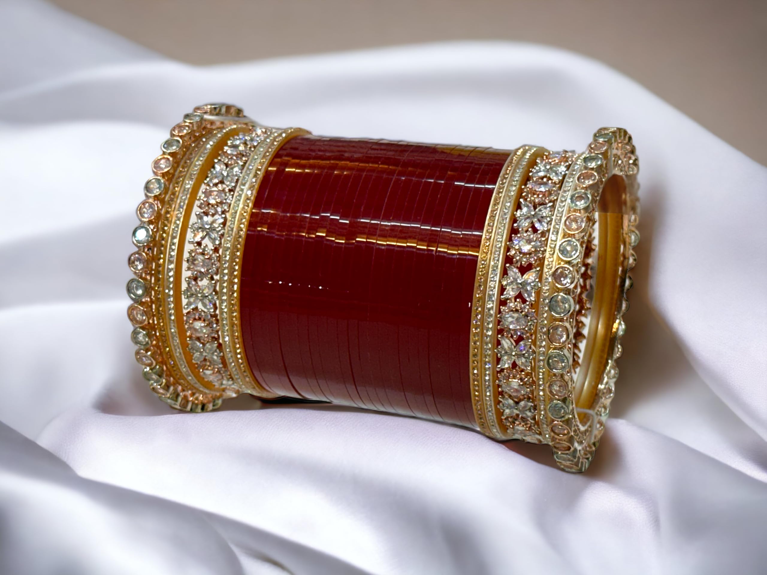 Women's Rose Royal Bridal AD Chuda Set with Wooden Bangle Box