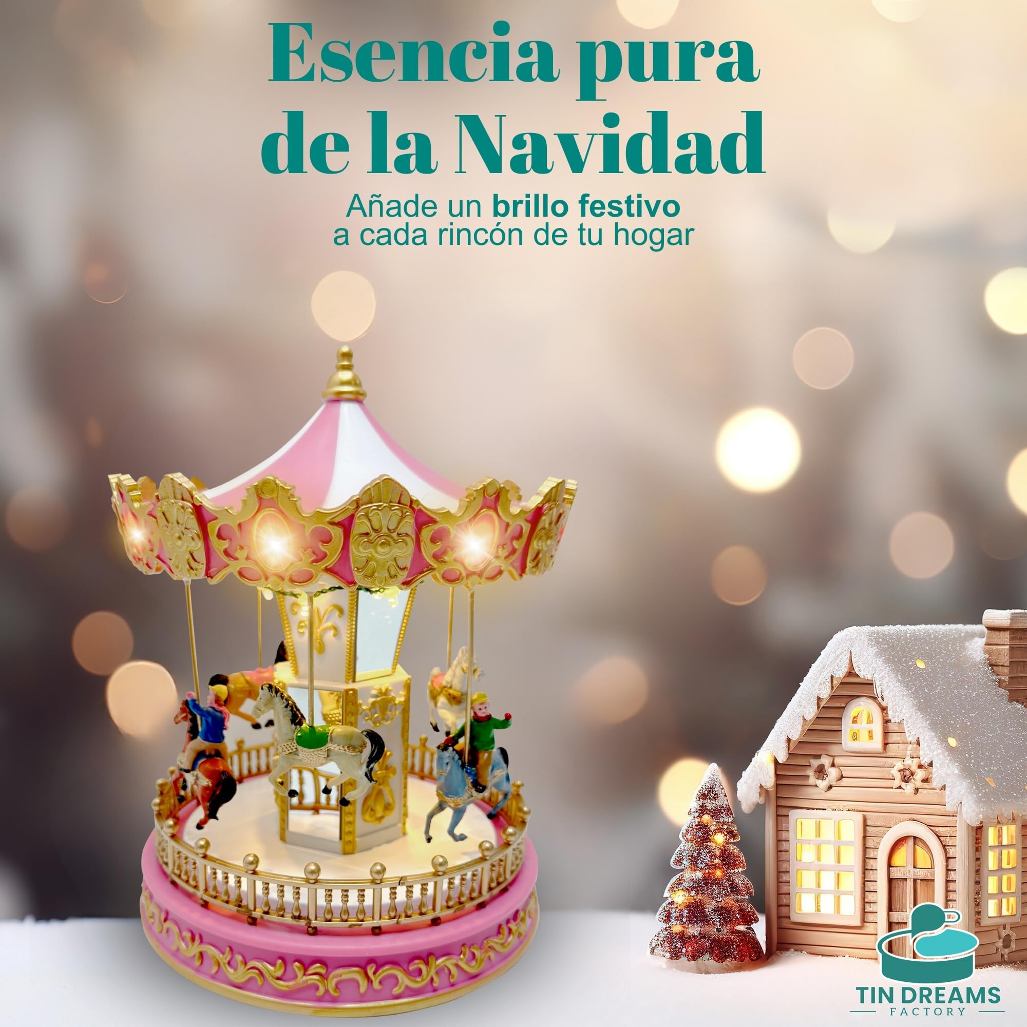 Tin Dreams | Carrusel Navidad Pequeño con Movimiento, Música y Luces LED | Tiovivo Musical | Pueblo Navideño, Villa, Aldea Miniatura, Escena Animada Iluminada | Adorno Decoración Navideña Hogar