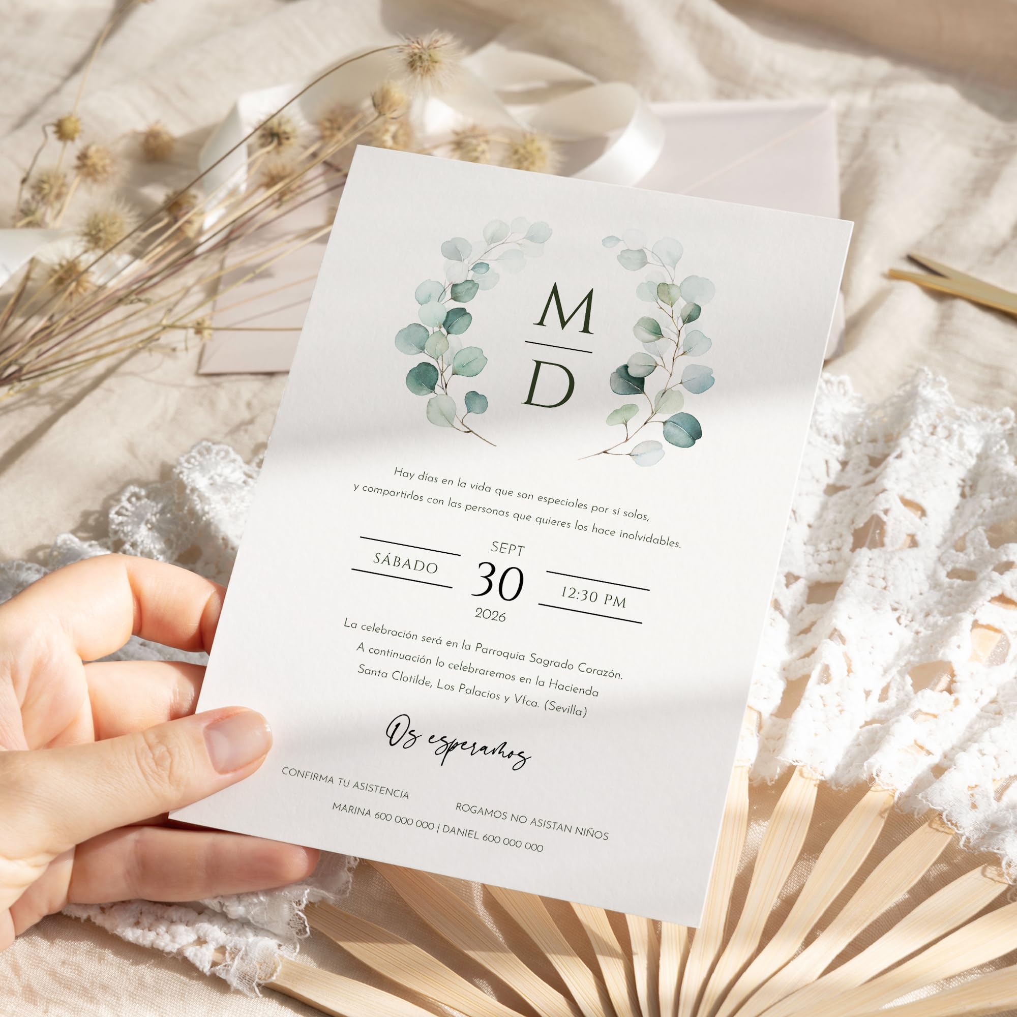 Invitaciones de Boda Personalizadas | Invitaciones de Boda Perfectas con Sobres Elegantes y únicos - Detalles para Invitados Eventos Especiales y Ceremonias Únicas - ONEPERSONAL (Eucalipto)