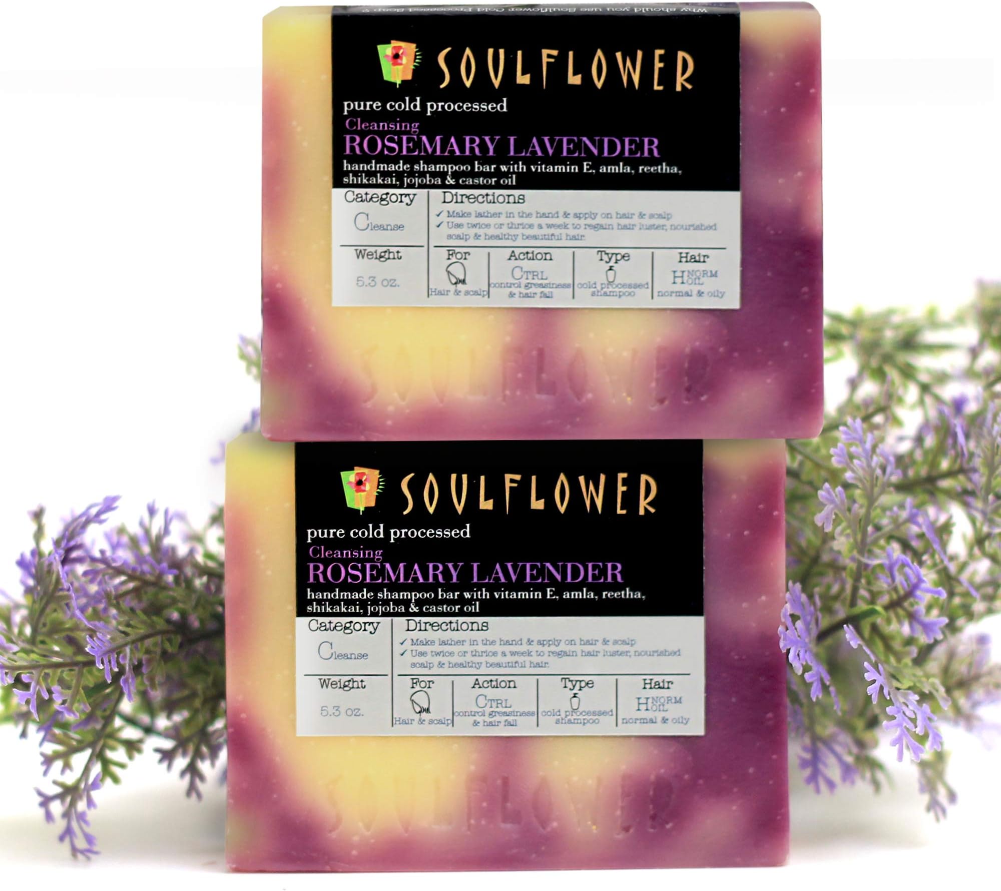 Soulflower Rosemary-Lavender Cleansing Handmade Shampoo Bar by Soulflower 5.3 oz x 2 Bars