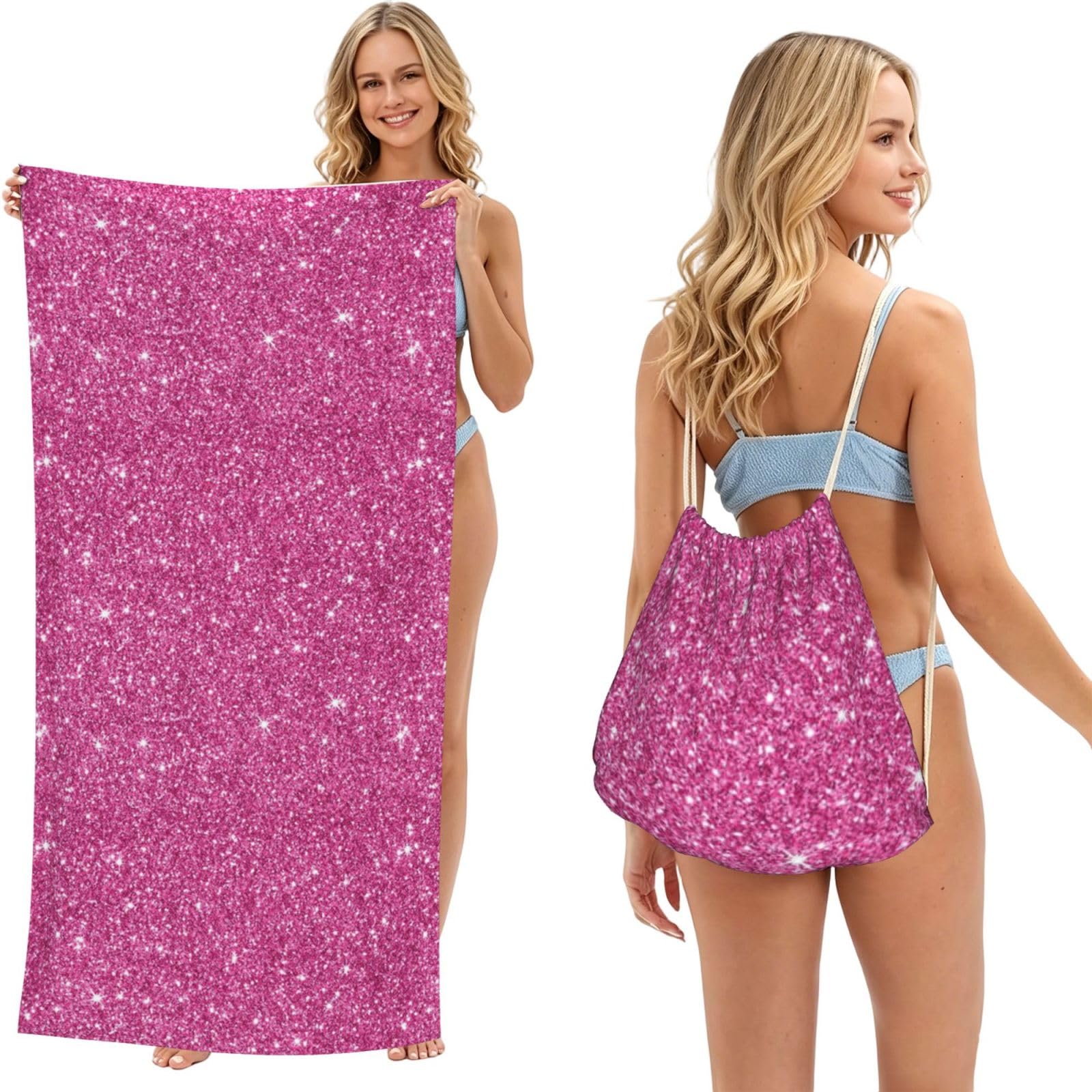 Poadnly As Picture Sparkling Pink Glitter, 2 In 1 Packable Towel Bag, Beach Towels With Drawstring Backpack For Travel Holiday Camping