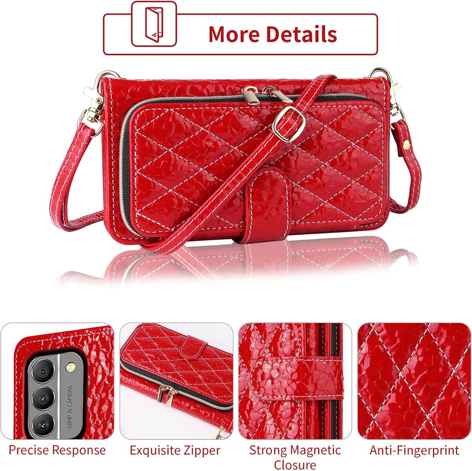 Argyle Wallet Case for Nokia G400 5G with Crossbody/Wrist Strap Lanyard Luxury PU Leather Kickstand Zipper Purse Shockproof Card Holder Cell Phone Cover for G 400 400G 2022 Women Men Red
