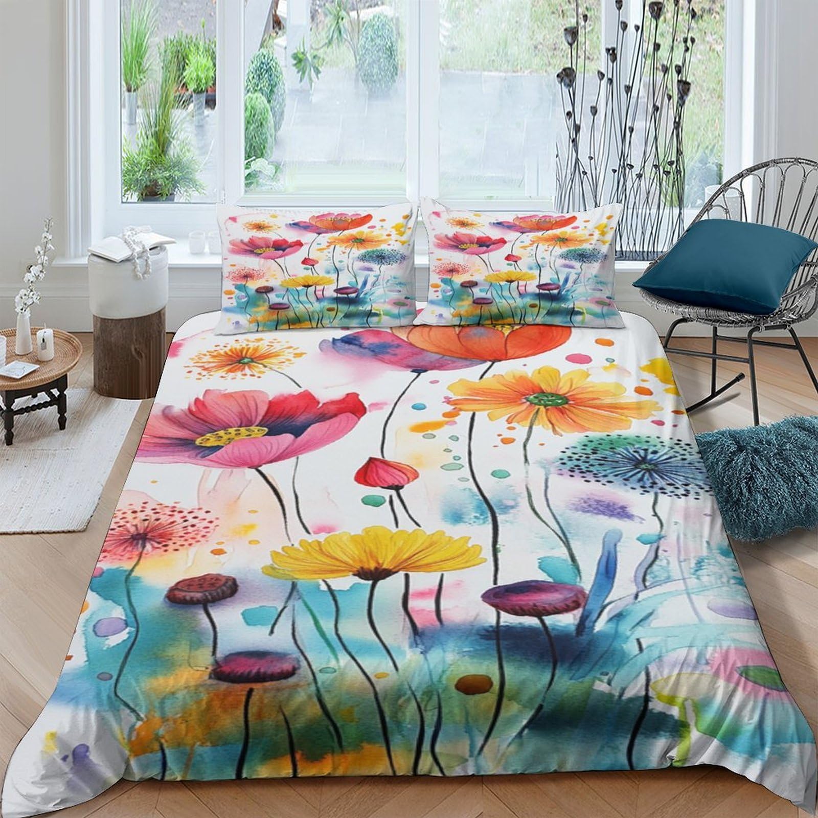 Ctjqhvkz Style-10 3D Printed Watercolor Floral Fitted Sheet Microfiber Soft Mattress Cover Vibrant Poppy Meadow For Bedroom Decor Single（135X200cm）