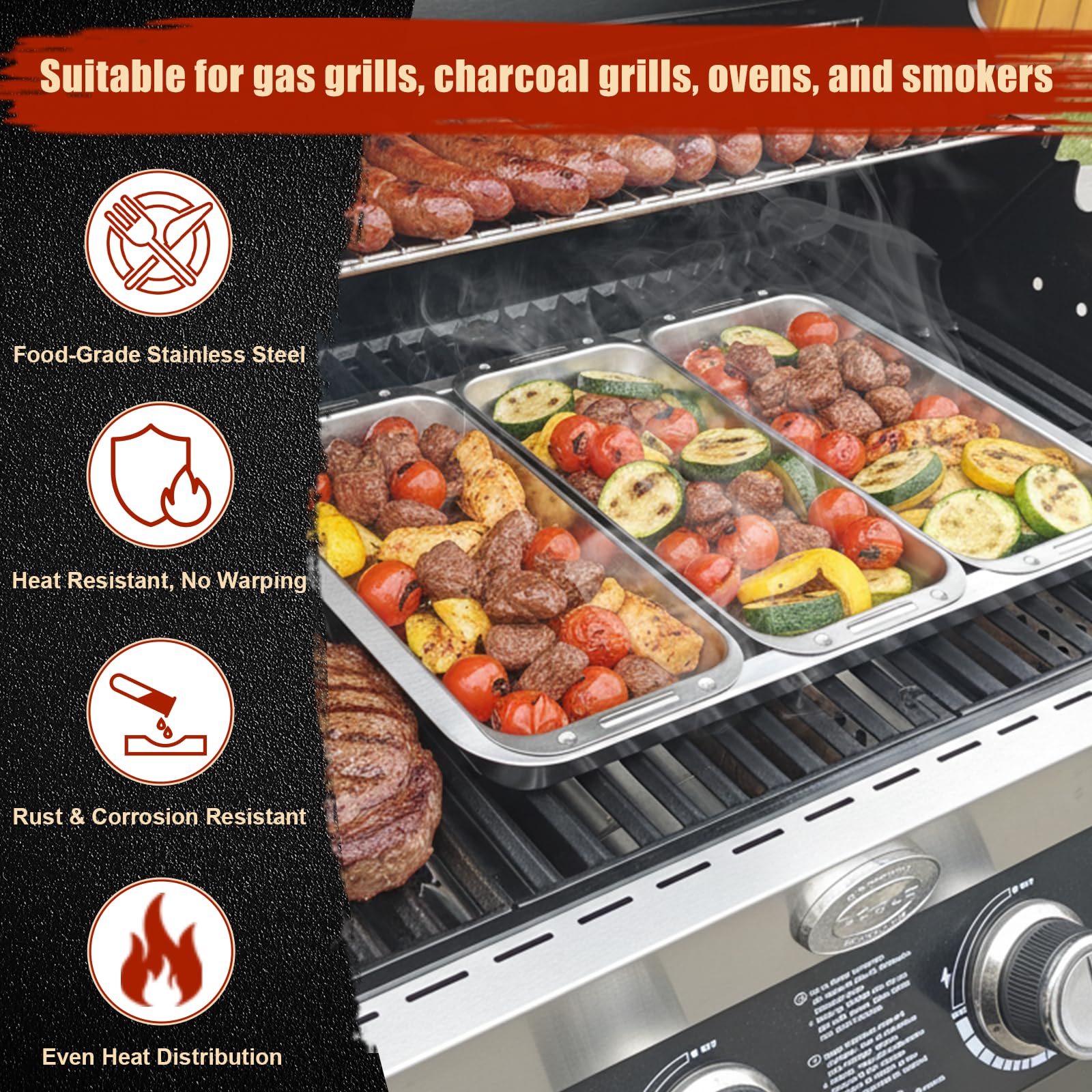 Denmay Grillkorb Set mit Deckel, Edelstahl Grillpfännchen Set mit Griff für Gasgrill & Holzkohlegrill – Universal Grillpfannen zubehör für Weber, Enders, Charbroil Grill, 3 Grillkörbe + 1 Grillschale