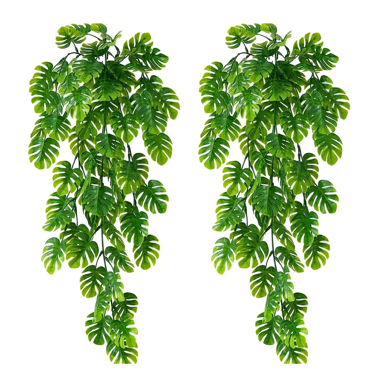 2 Pack Artificial Reptile Hanging Vines Plants, Realistic Leaf Terrarium Habitat Decor, Reptile Tank Accessories for Bearded Dragons, Lizards, Snakes, Geckos - Tortoise Shell Pattern