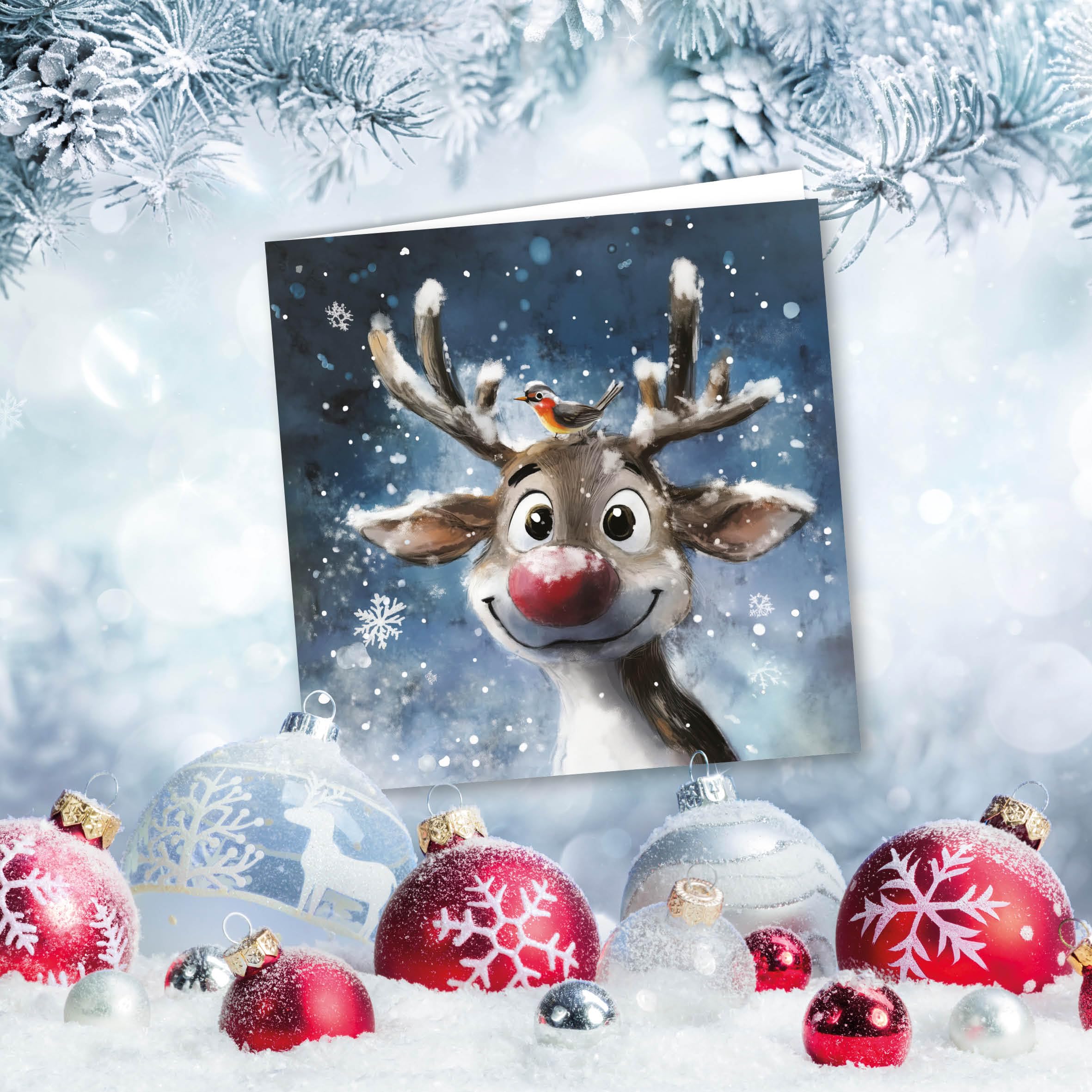 Charity Christmas Cards Pack of 32. Each Christmas Card multipack has 4 different Funky Reindeer designs. Ecofriendly and UK made. Verse Inside. Small 100 x 100mm card size - Image 4