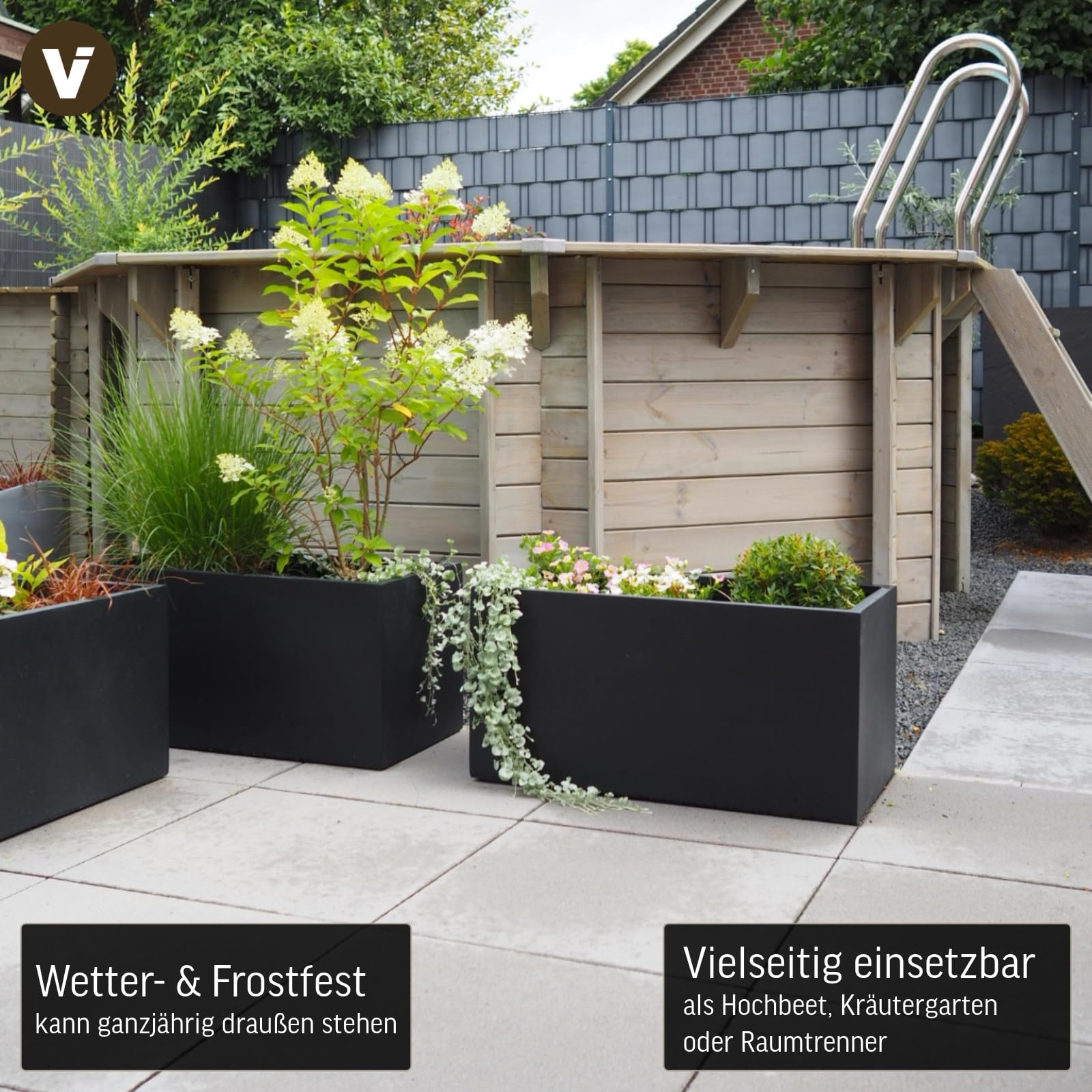 VIVANNO Pflanzkübel Pflanztrog Blumentrog Fiberglas Anthrazit Maxi 40x80x40