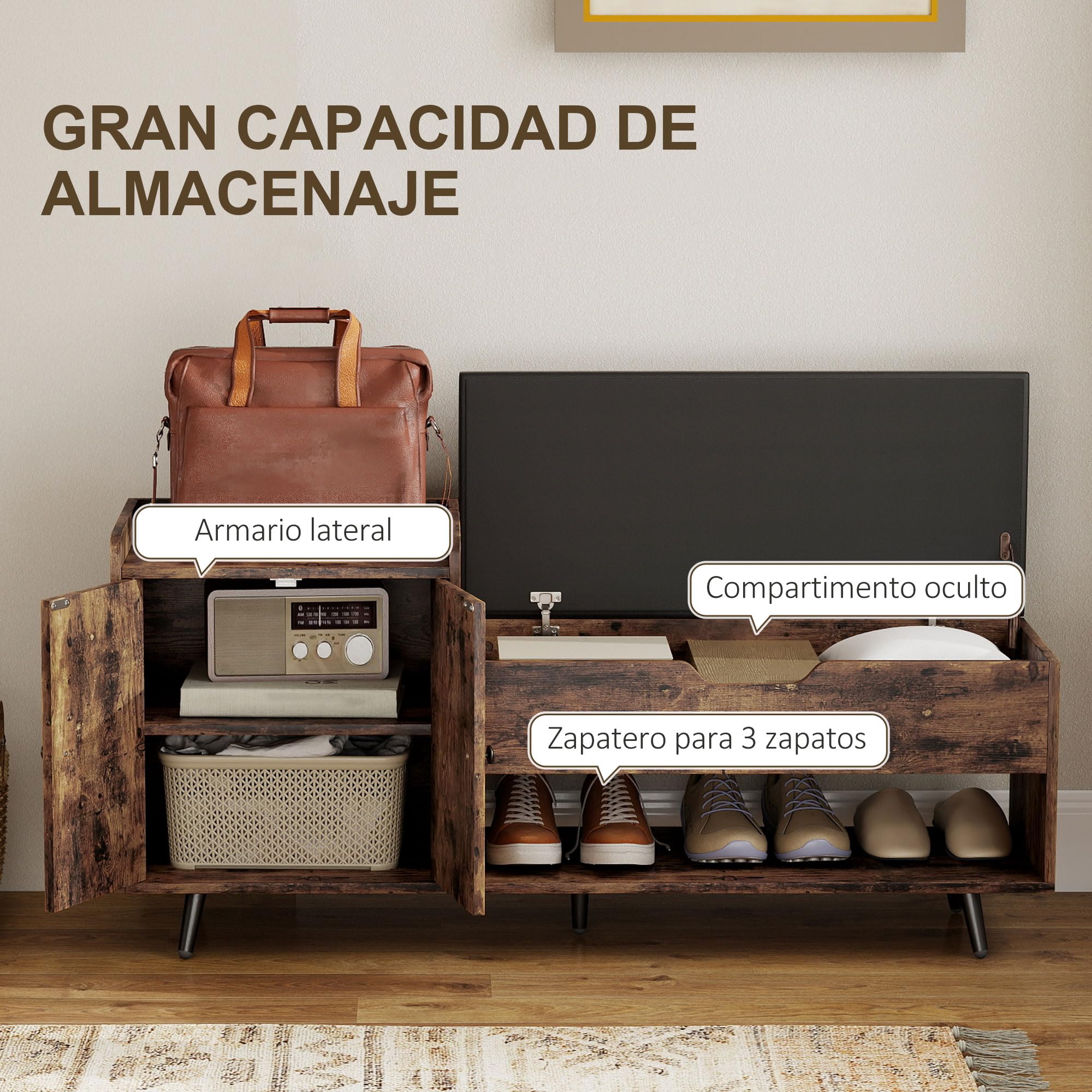 HOMCOM Banco Zapatero, Banco Recibidor Industrial, con Asiento Acolchado, Compartimento Oculto, Estantes, Puertas, Estante Abierto para 3 Pares de Zapatos, para Entrada, 127x35x59 cm, Marrón Rústico