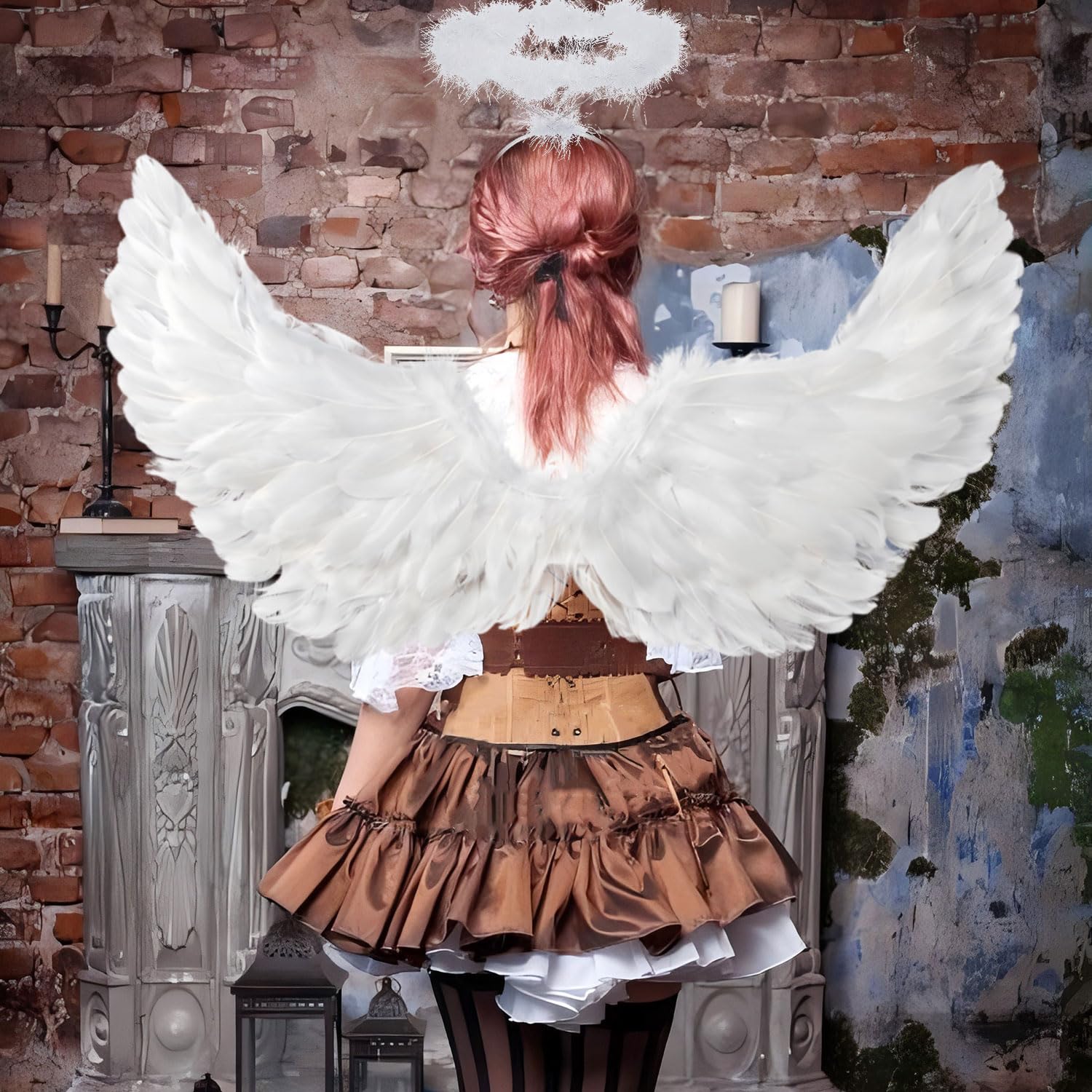 Ali d'angelo bianche da 105 cm con aureola, ali d'angelo, ali di piume, costume di ali d'angelo, ali d'angelo, ali d'angelo, per donne e ragazze, decorazione per costume per feste