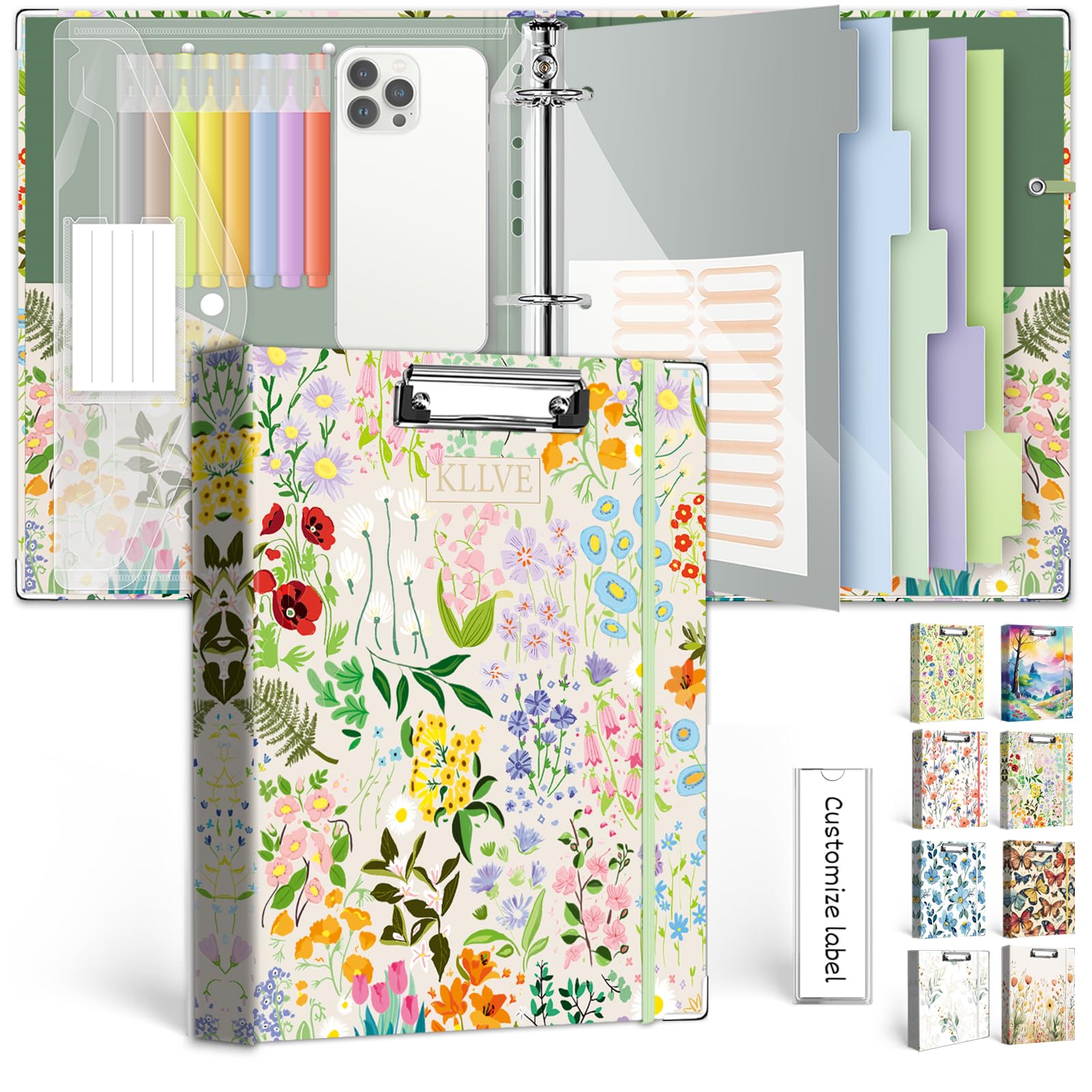 3 Ring 1 Inch Binder Organizer, KLLVE Three Ring Binders with Clipboard, 5-Tabs Pockets Dividers, Plastic Folder, 18 Divider Stikers,Pen Loop (