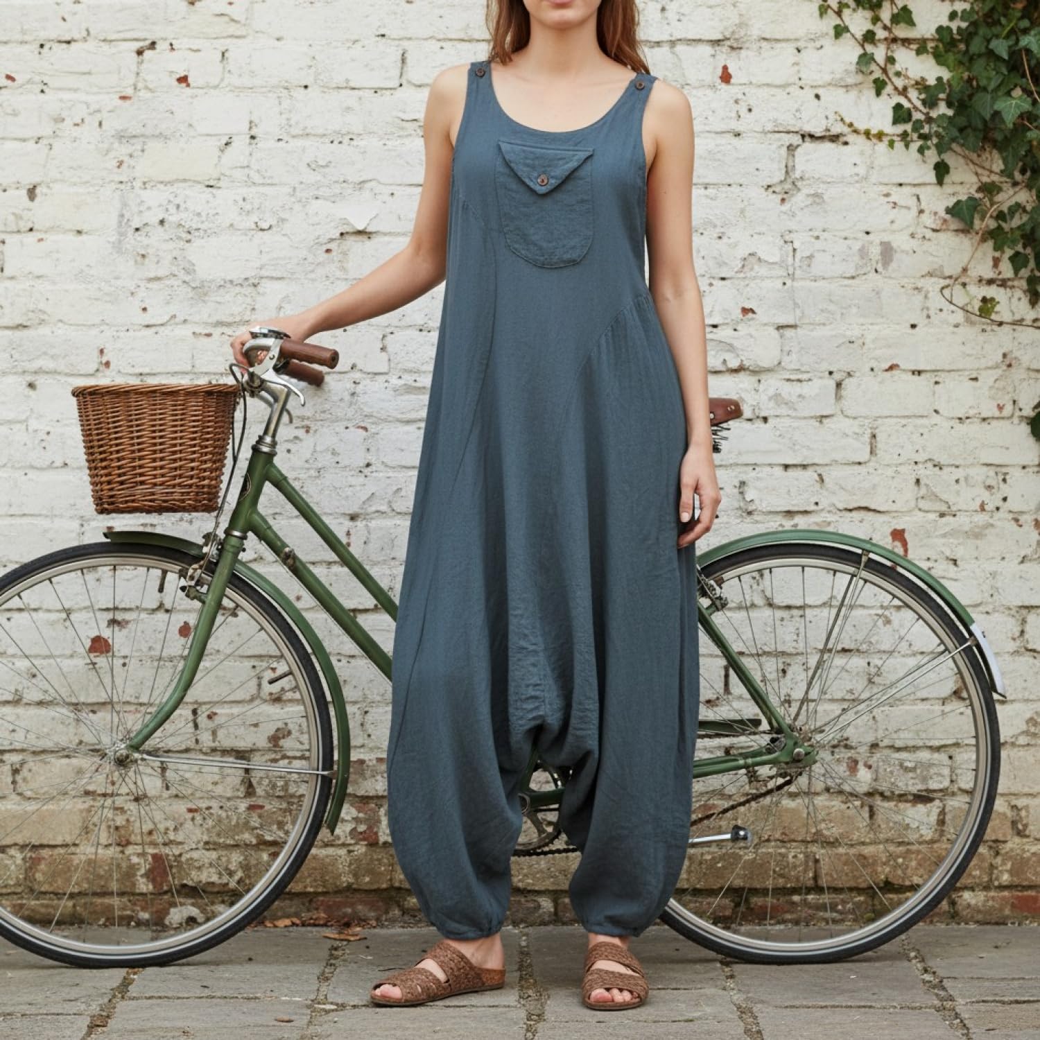 GURU SHOP Natürliche Boho Latzhose, Overall, Luftiger Jumpsuit, Damen