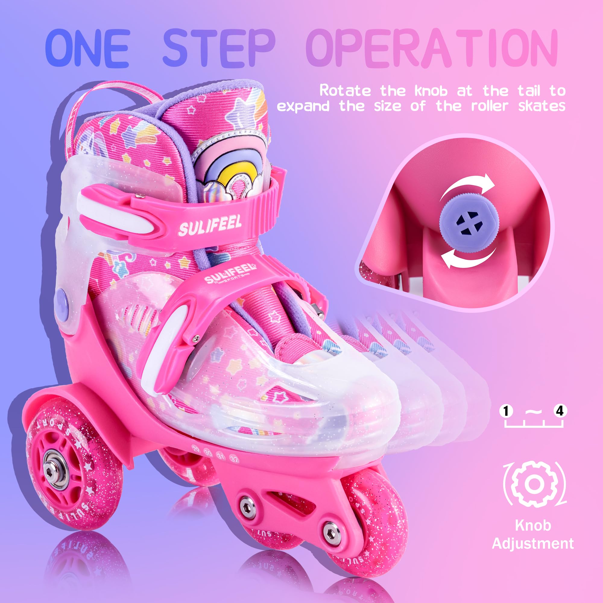 SULIFEEL Pattini a rotelle regolabili per bambini per ragazze e ragazzi, divertenti ruote illuminanti flash a tre punti di equilibrio tipo adatto per i principianti pattinaggio a rotelle al coperto