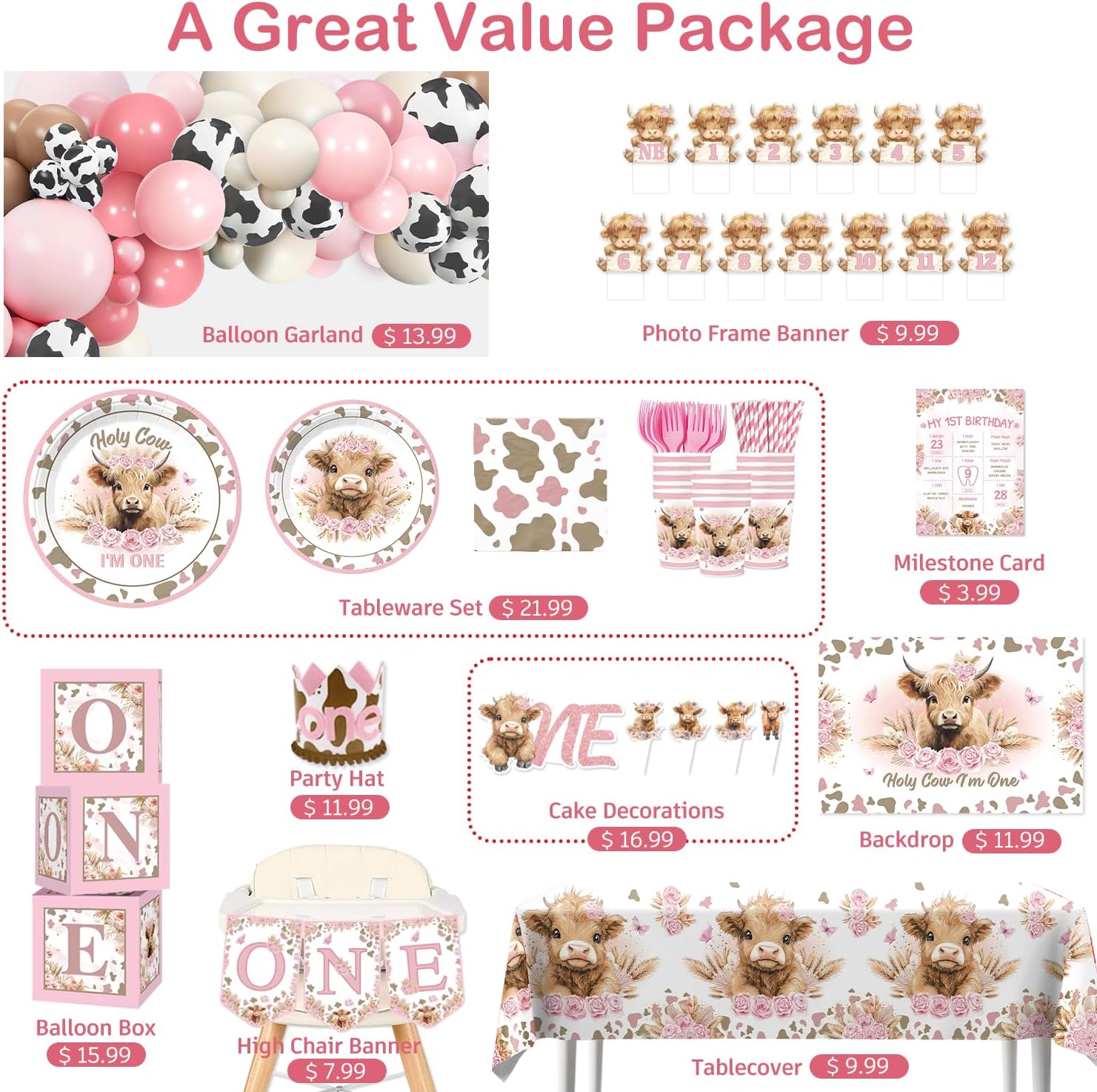 cocomigo 254pcs Holy Cow I'm One Birthday Decorations Complete Party Set, Highland Cow 1st Birthday Decorations Girl, for Cow Theme Girl 1st Party Supplies Serves 20 Guests - Image 3