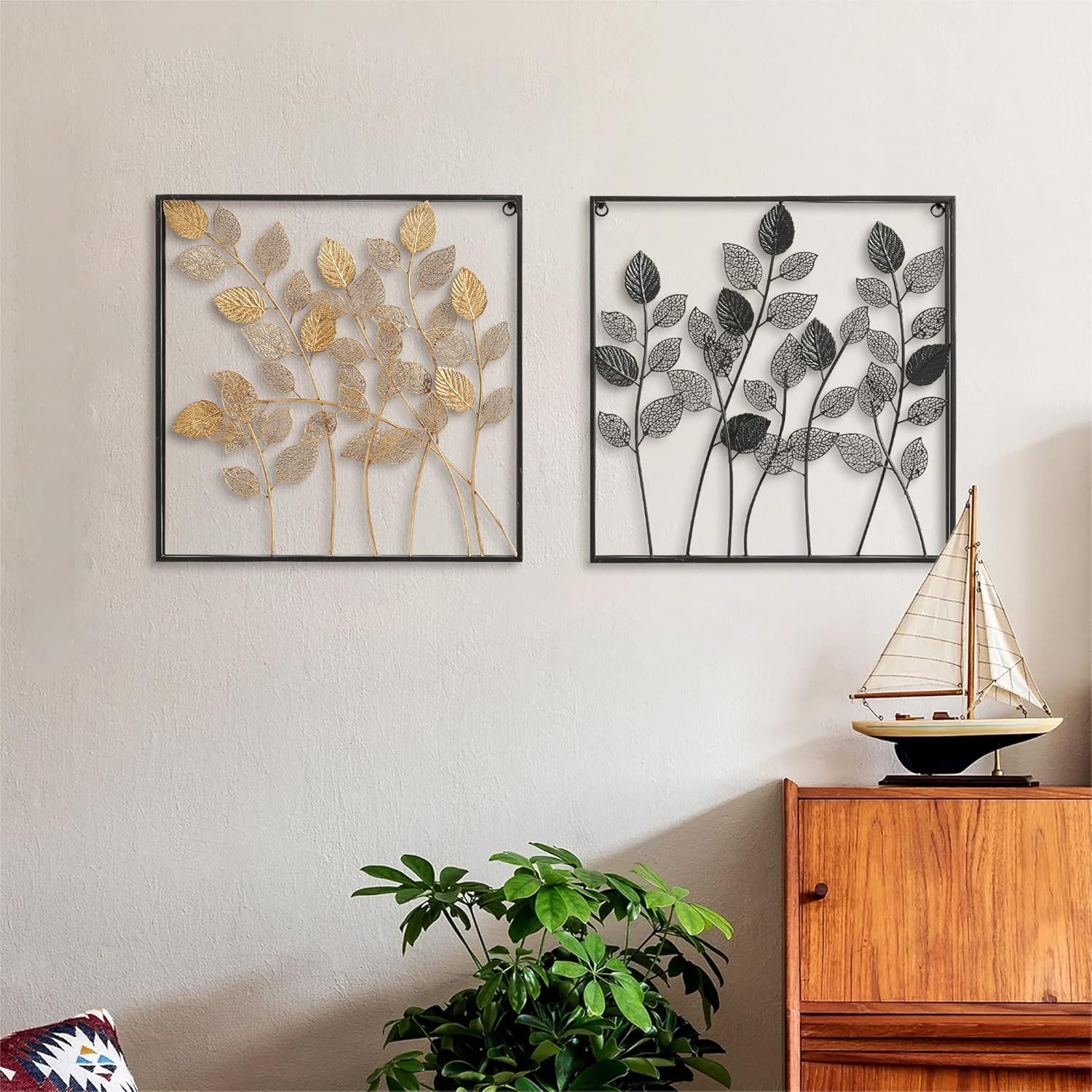 COZAYH Gold Metal Leaves Wall Decor Set of 2, Modern Wall