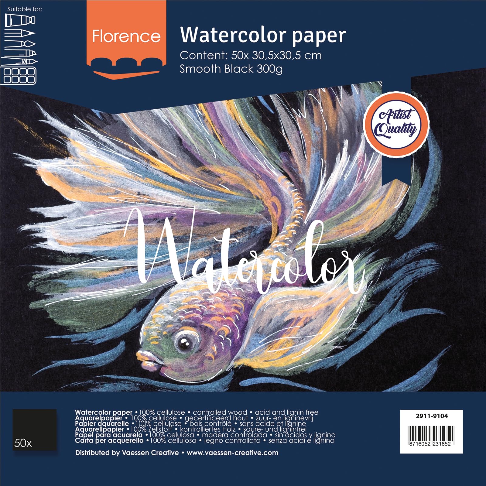 Florence Aquarellpapier Glatt - Zeichenblock für Aquarellfarben 30,5 x 30,5 cm - Schwarz - Malblock für Wasserfarben - Künstlerbedarf und Scrabooking - 300 gsm