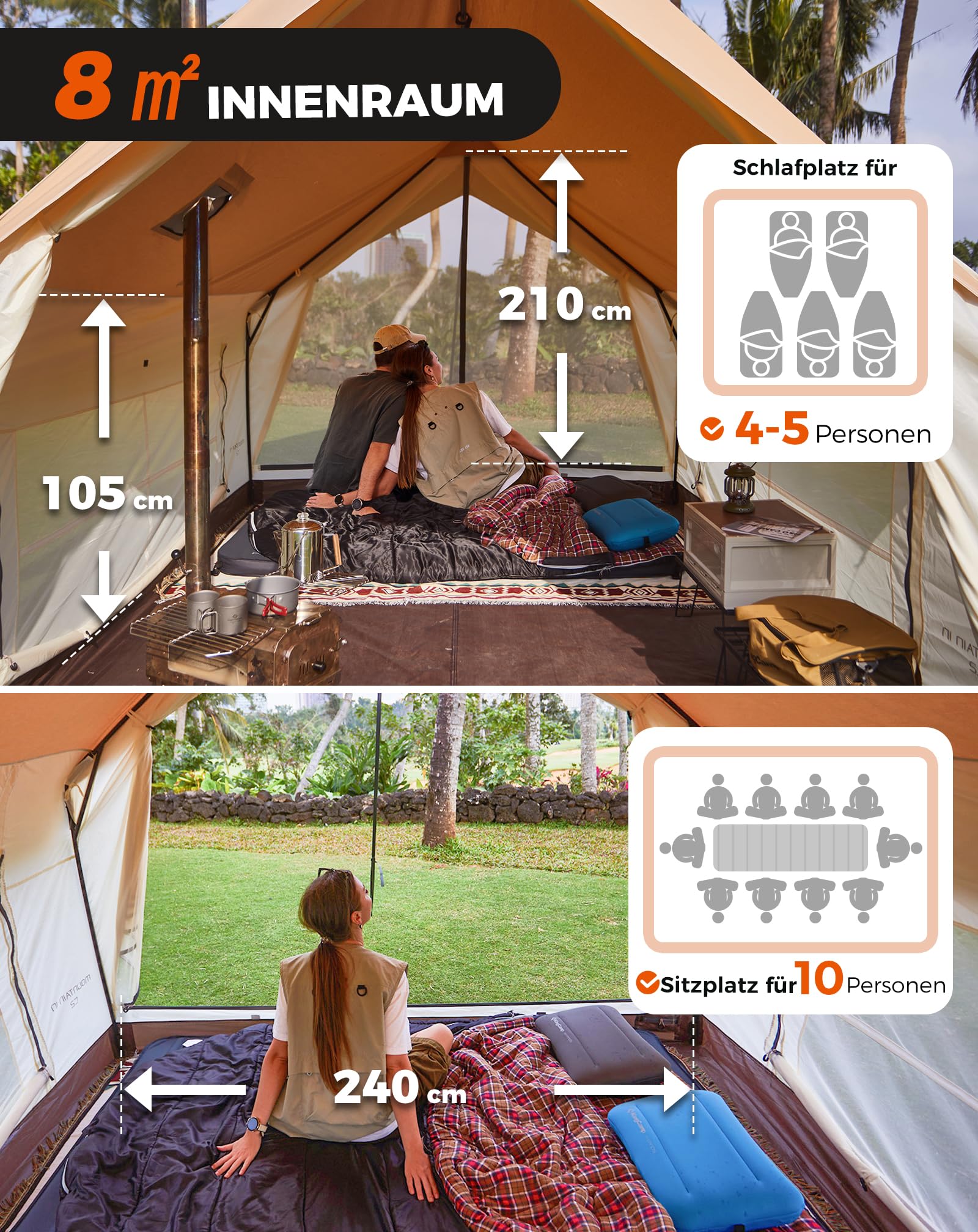 KingCamp 4-5 Personen Zelt,8㎡ Hauszelt mit Kaminöffnung & AC-Anschluss, 210g TC Wasserdicht Zelt, 2 Türen 4 Fenster, mit Feuerfestem Gewebe 4-Jahreszeiten Zelt für Familien Camping, Glamping,Festivals