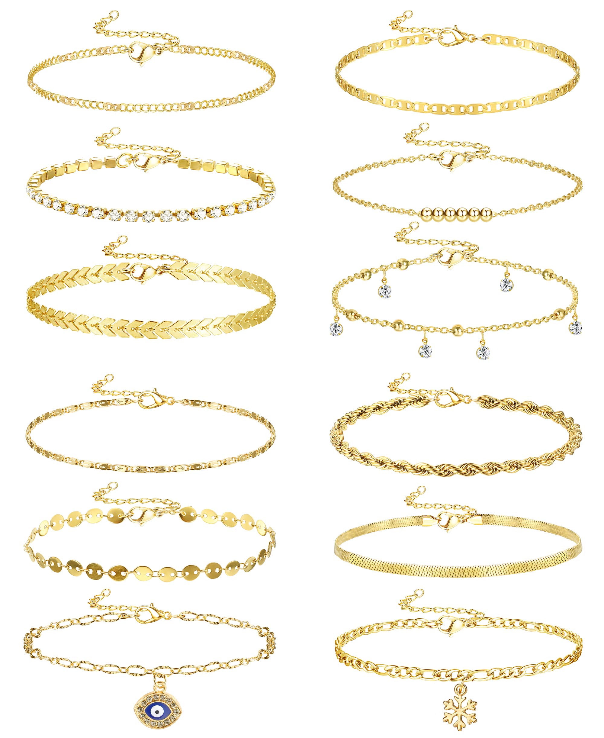CASSIECA 12 Piezas Tobillera Plateado Cadena de Descalzas Juego de Joyería de Pies Tobillos de Playa Ajustable Ojo del Diablo Tenis Cristal Tobillera Zirconia Colgantes Joya Moda Verano para Mujeres