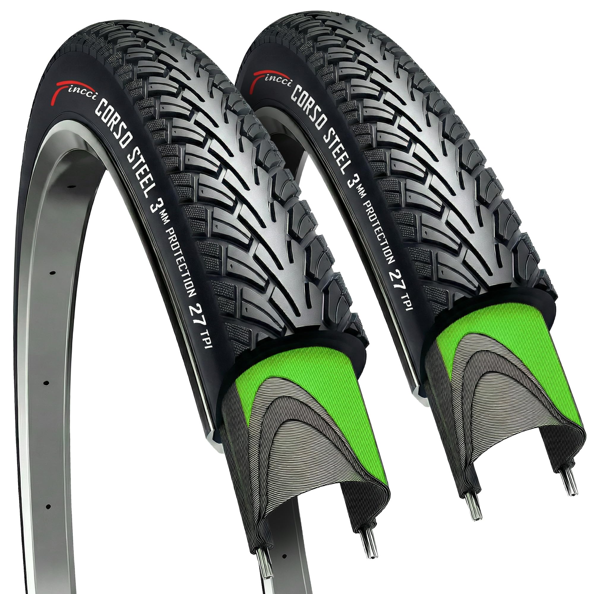 Fincci Pneu 26x1.95 50-559 Pliable avec Protection Anti-Crevaison 3mm | Pneu Velo 50-559 26x1.90 avec 27 TPI et Pression Maximale 50 PSI pour une Protection Renforcée - Lot de 2