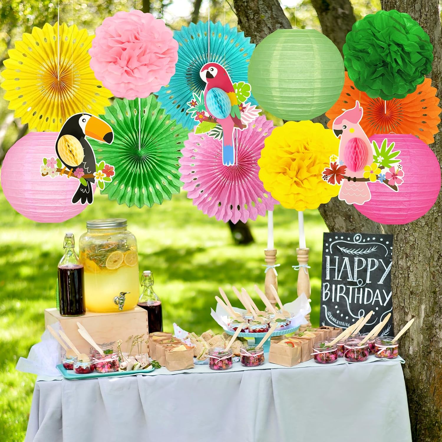 Hawaiian Party Decorations, Luau Party Decor Tropical Bird Hanging Paper Lanterns Paper Fans Tissue Pom poms Flowers for Birthday Luau Tropical Pool Beach Bachelorette Summer Party