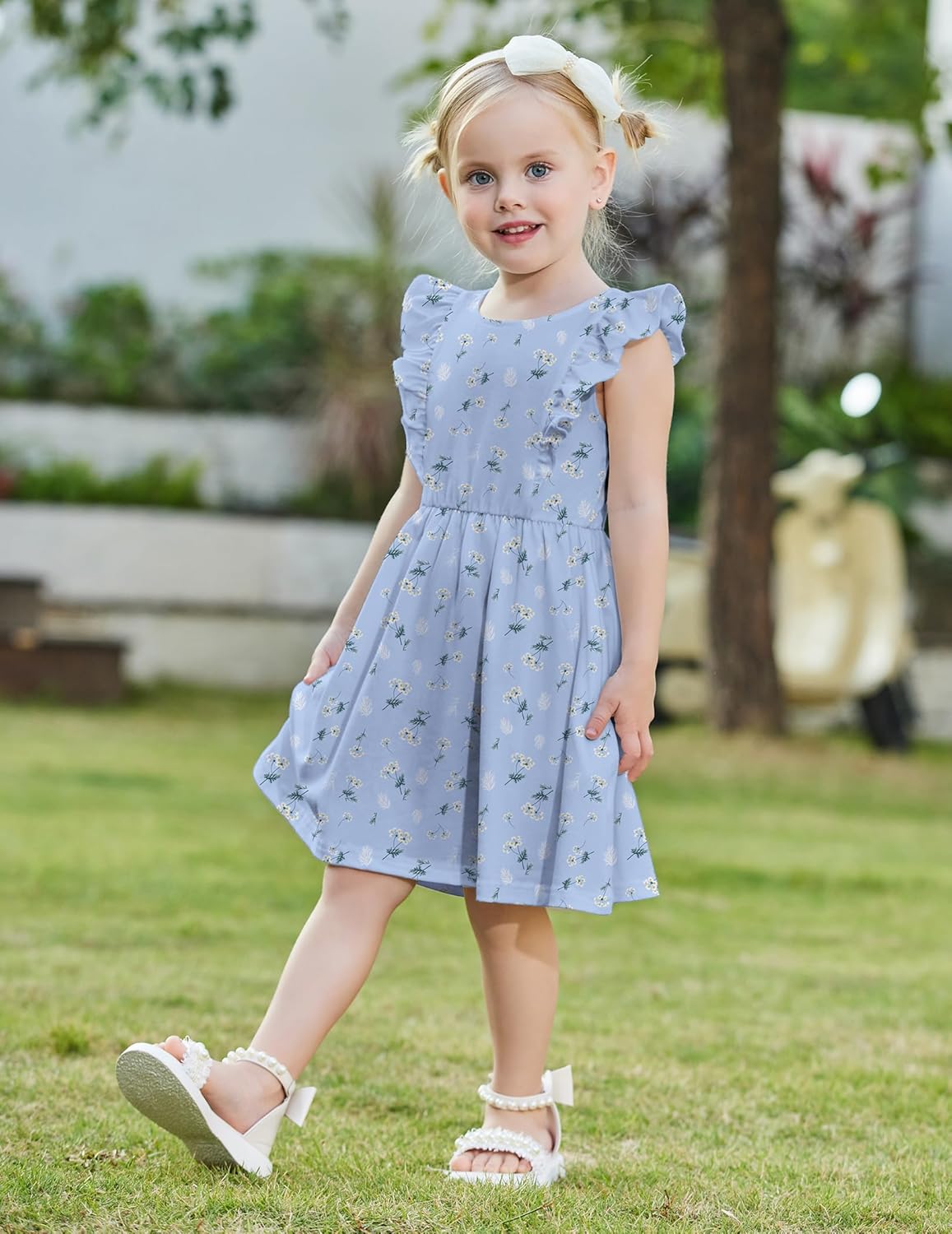 Arshiner Toddler Girls Dresses Flutter Sleeve Ruffle Back Bowknot Dress Kids Summer Casual Beach Sundress with Pockets 2-6T - Image 4