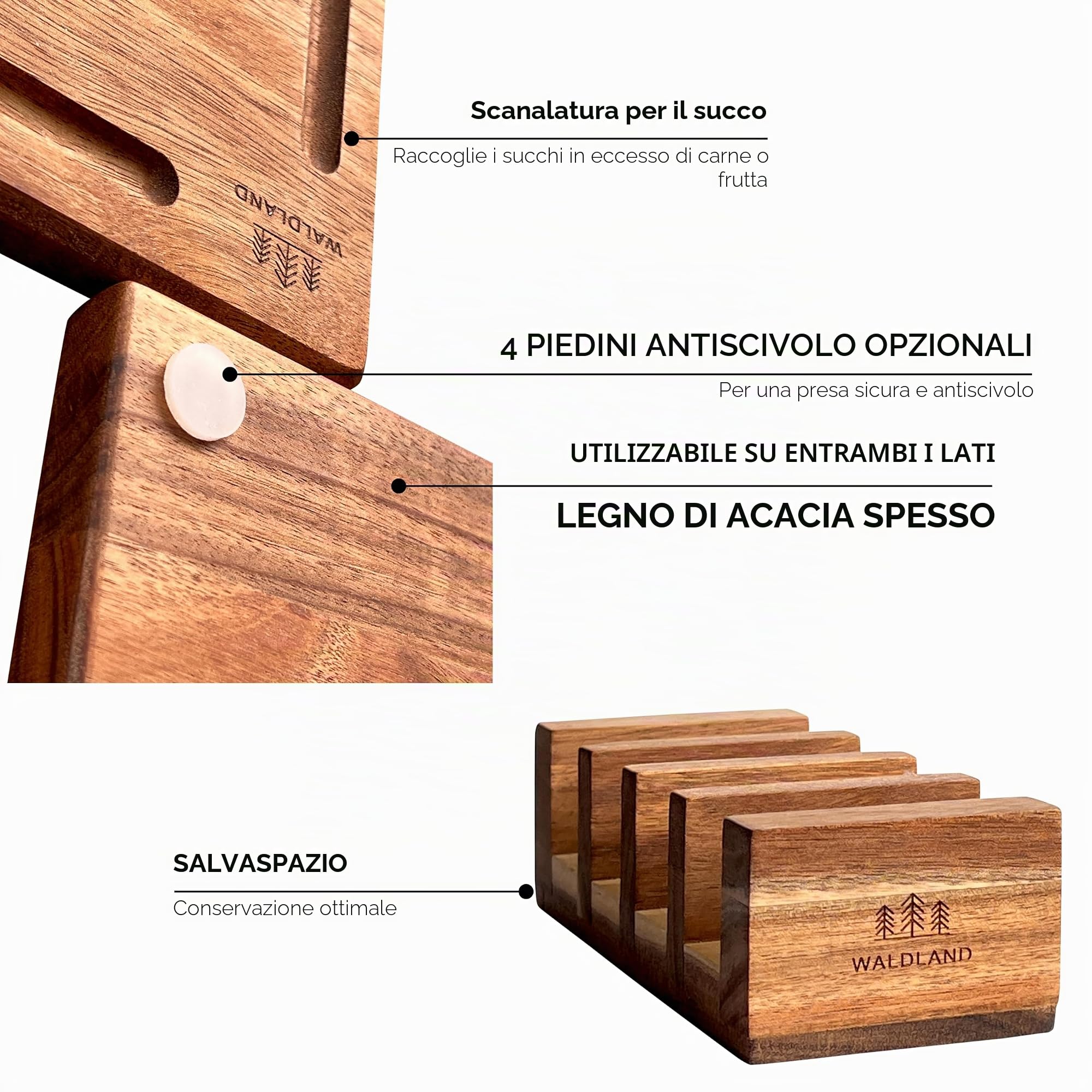 WALDLAND Set di 4 taglieri in legno (40 x 30, 33 x 24, 27 x 18, 21 x 15), con supporto in legno di acacia