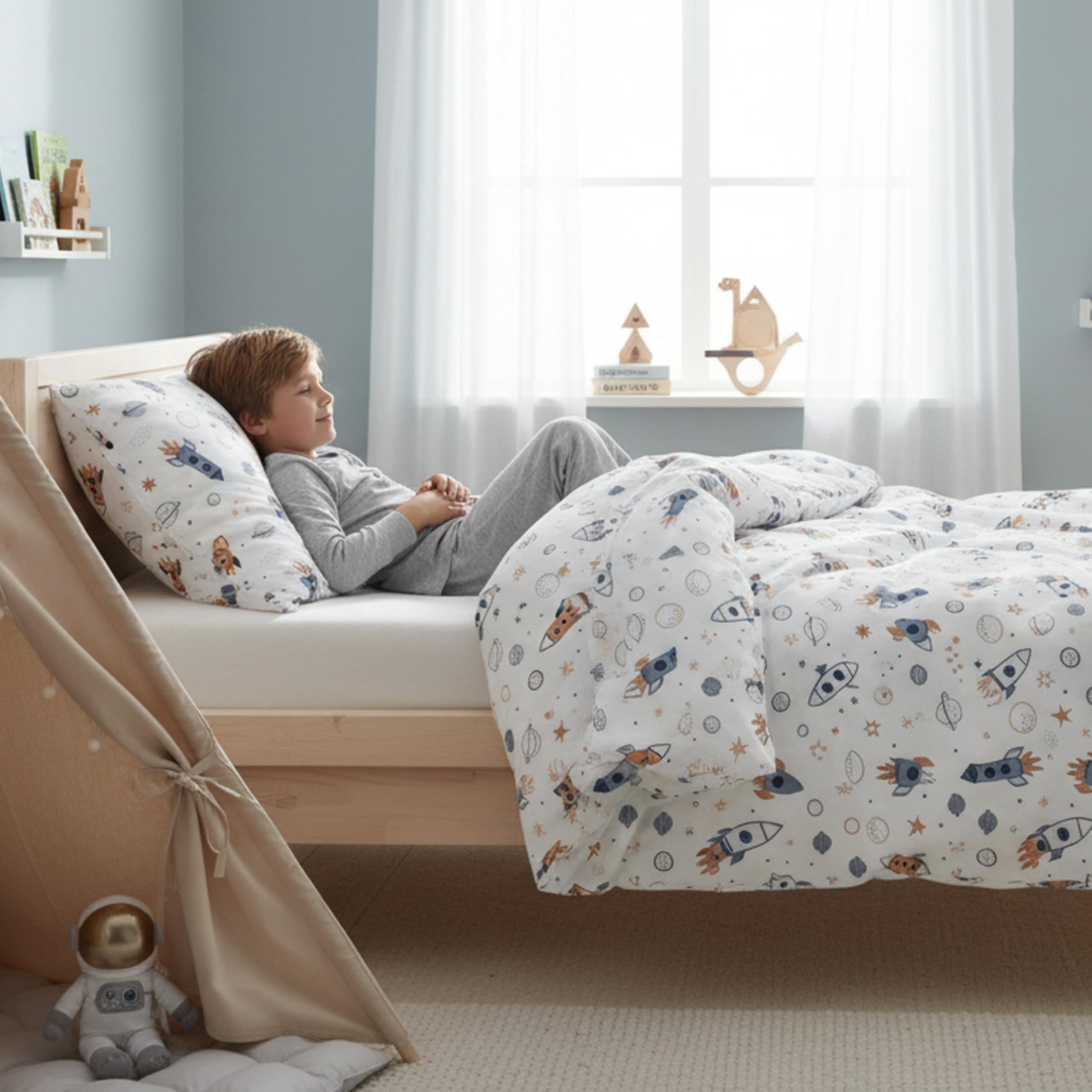 MTOnlinehandel Kinderbettwäsche 135x200 cm Set – 2-teilig mit Kissenbezug 80x80 – Bettwäsche Rakete Little Universe - Baumwolle – Auswahl Motiv – Oeko-TEX Zertifiziert (Weltall)
