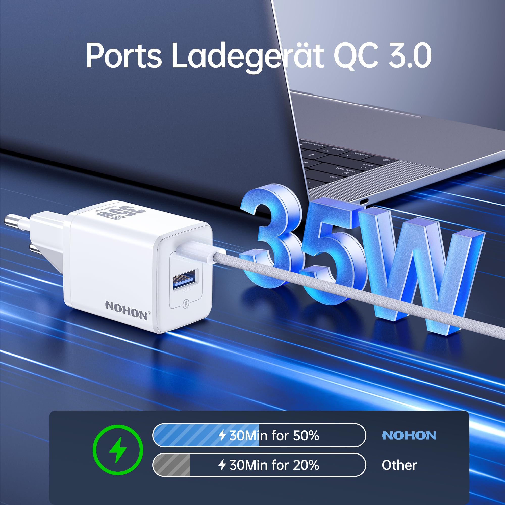 NOHON Ładowarka USB C do szybkiego ładowania: 35 W, zasilacz USB C z kablem do ładowania typu C 1 m, 2 porty GaN, wtyczka ładowania telefonu komórkowego kompatybilna z iPhone 15/14/13/12 Mini Pro