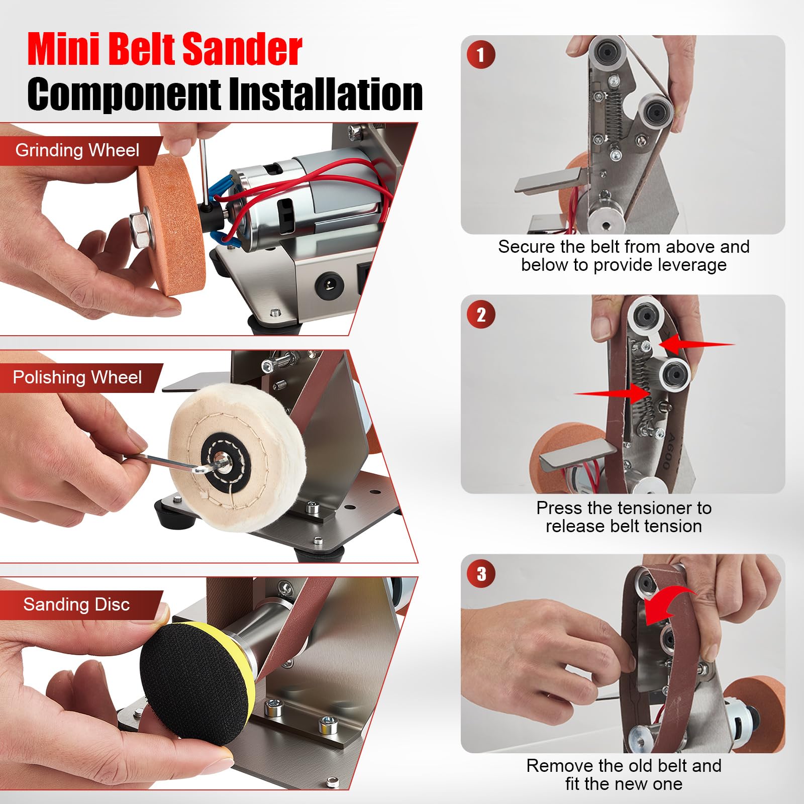 Messerschleifmaschine Bandschleifer Stationär, 4-in-1 Messerschärfer & Polierer, 9000 RPM, 7-Stufen, 304 Edelstahl, Vorwärts/Rückwärts, Vibrationsschutz, Mit Zubehör-Set