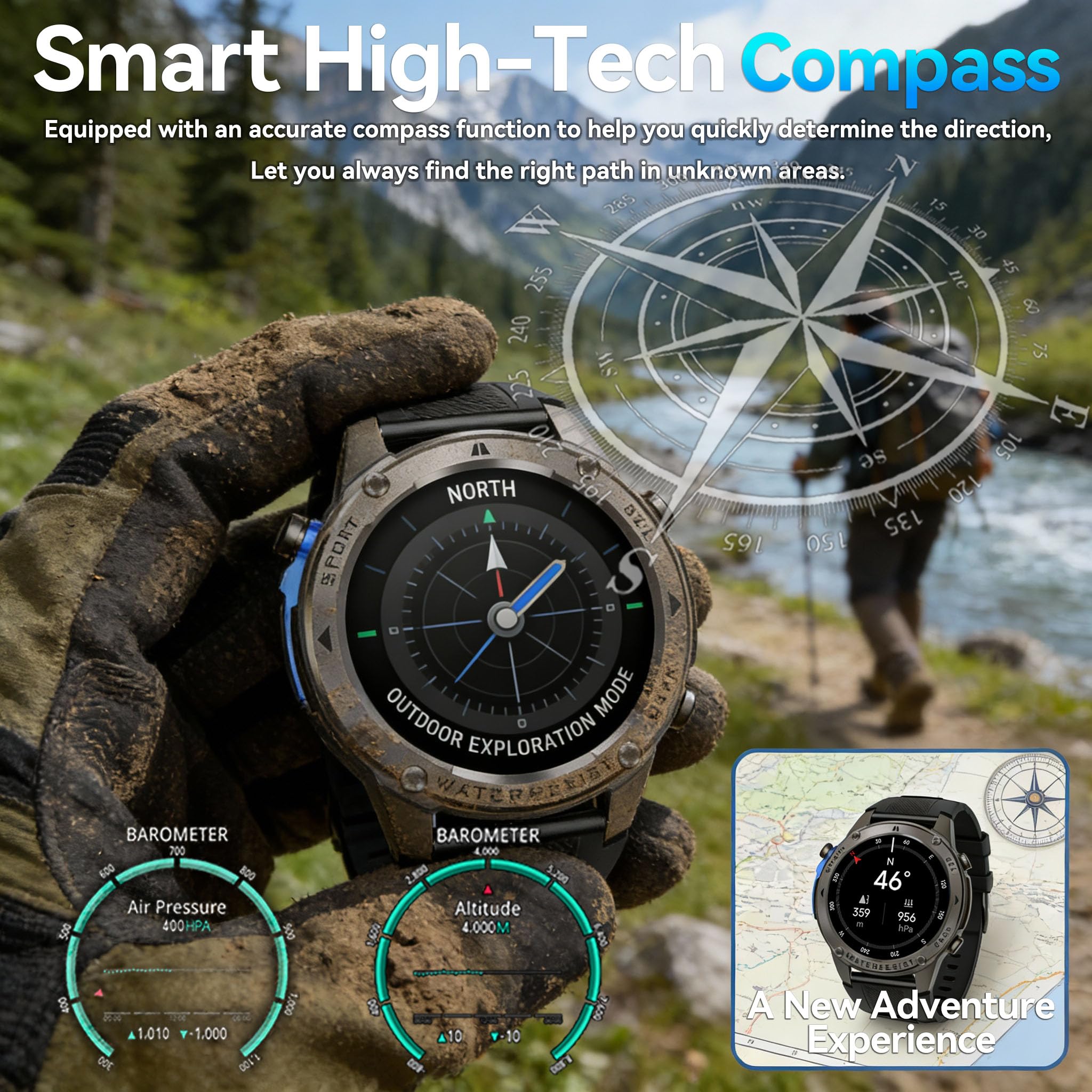 Smart Watch GPS da uomo militare robusto, bussola, impermeabile fino a 50 m, batteria grande da 500 mAh, schermo AMOLED da 1,4 pollici, rispondere/effettuare chiamate, compatibile con Android iOS (2