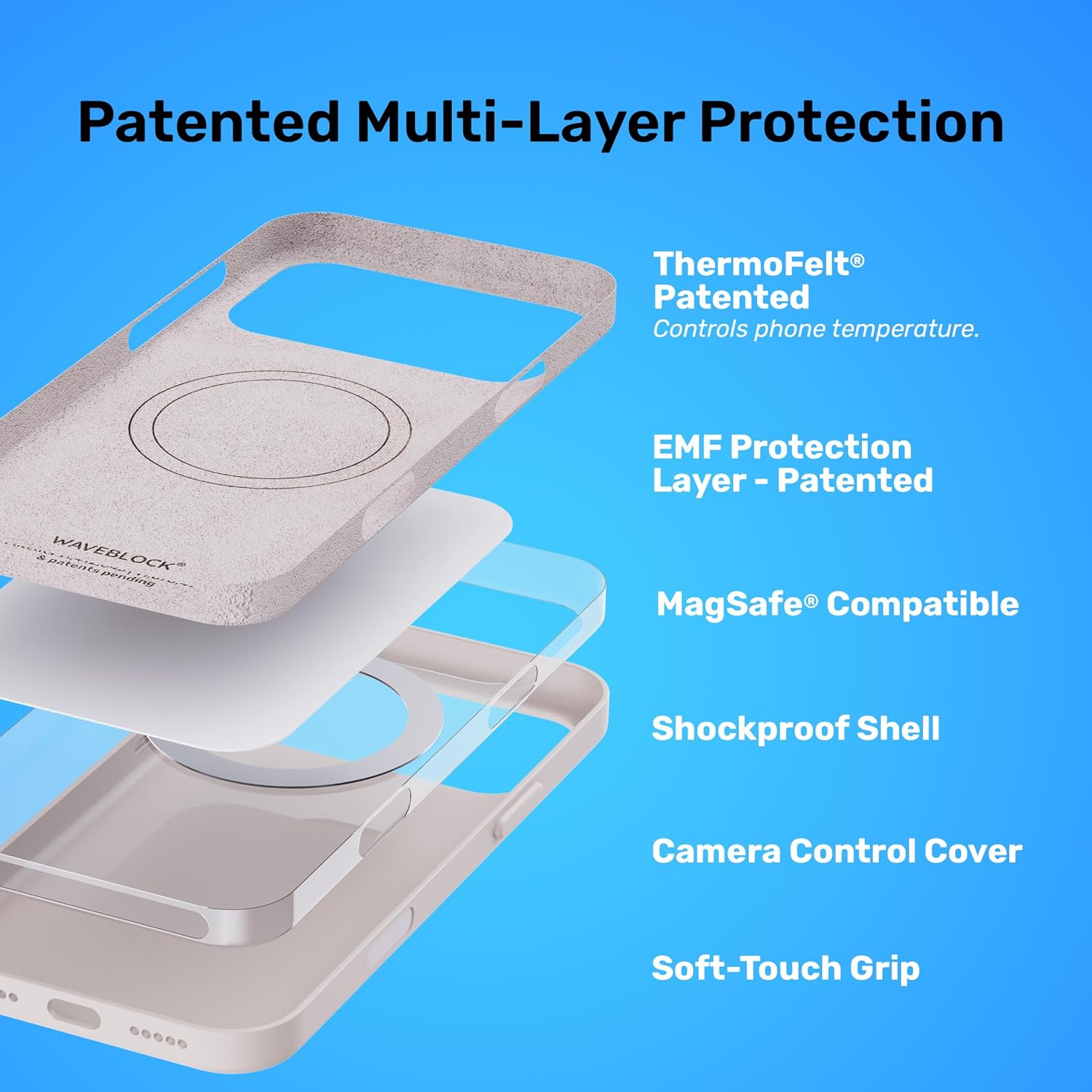 WAVEBLOCK EMF Protection Silicone iPhone Case Compatible with iPhone 16 Pro, Radiation Blocker, 5G Shield Reduction, Lightweight, USA Patented and Tested in FCC Lab, Stone