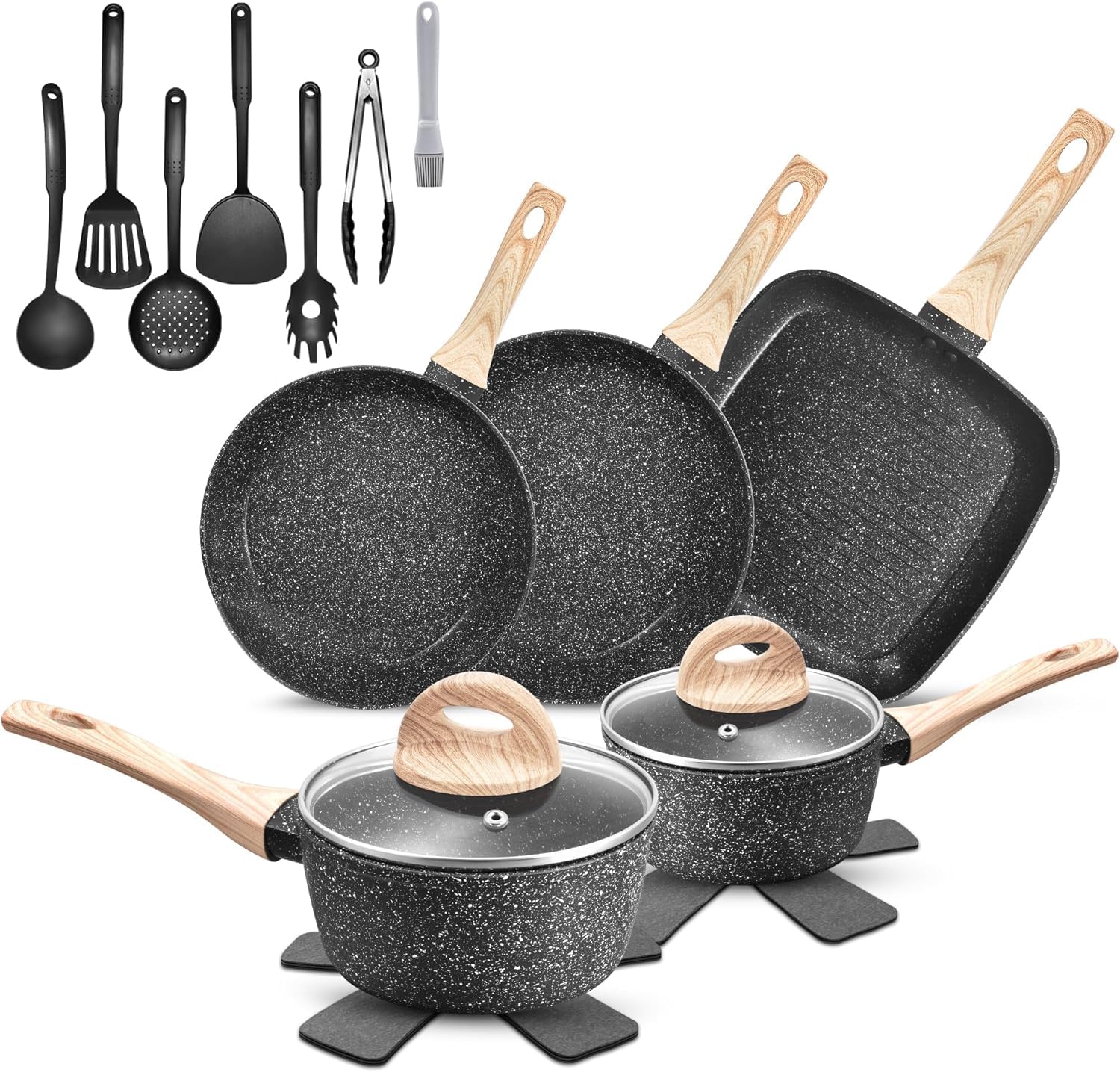 Batterie de Cuisine à Induction, 19 Pièces Casseroles et Poêles Antiadhésive en Granit Noir, Poêles 24/28cm, Casseroles 18/20cm, Poêle Griller 28cm, Tous Feux dont Induction, sans PFOA, PTFE