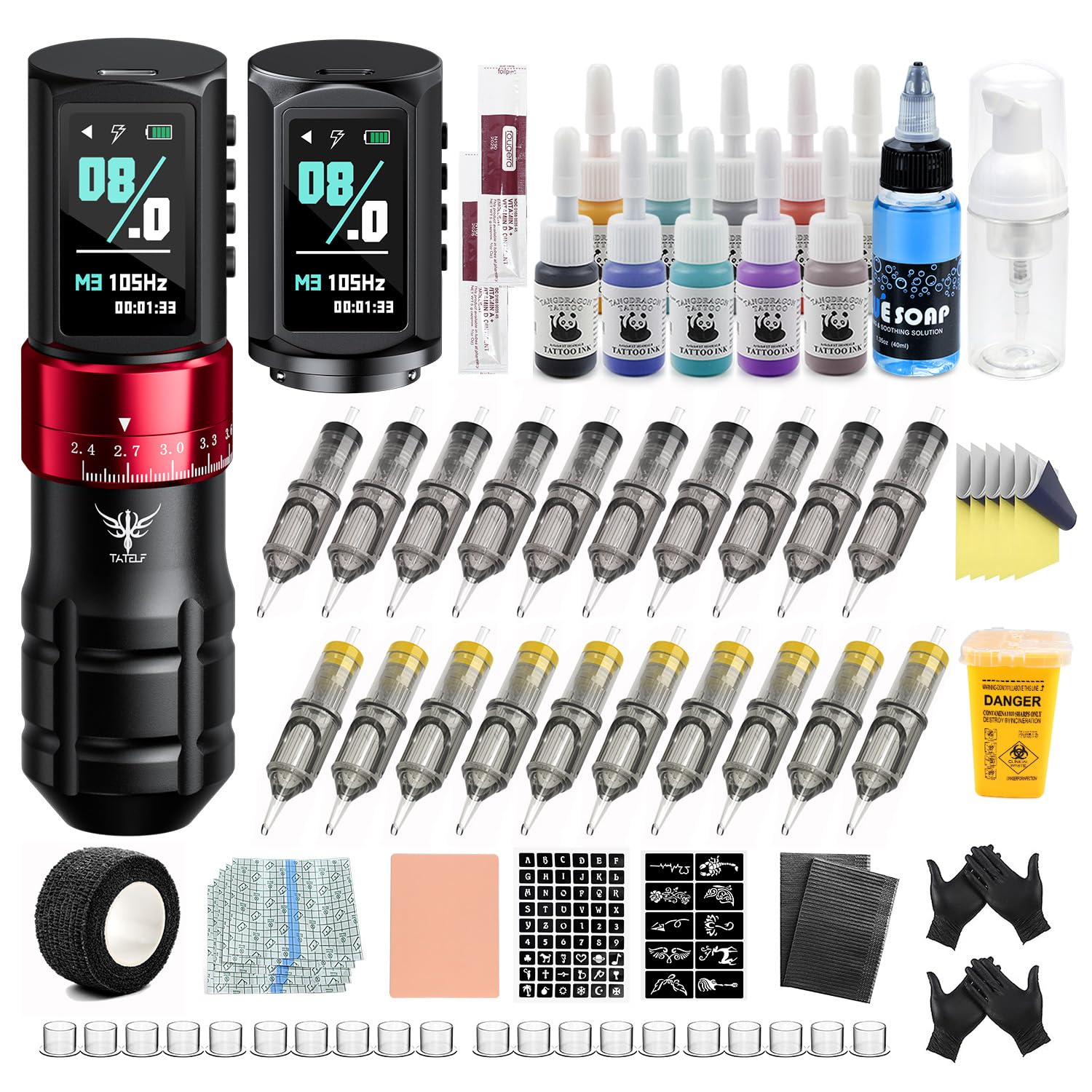TATELF Kit Inalámbrico, Máquina Rotativa Profesional para Principiantes y Artistas, Pantalla LCD, 7 Vel, Batería 2300mAh, 20 Cartuchos, 10 Tintas