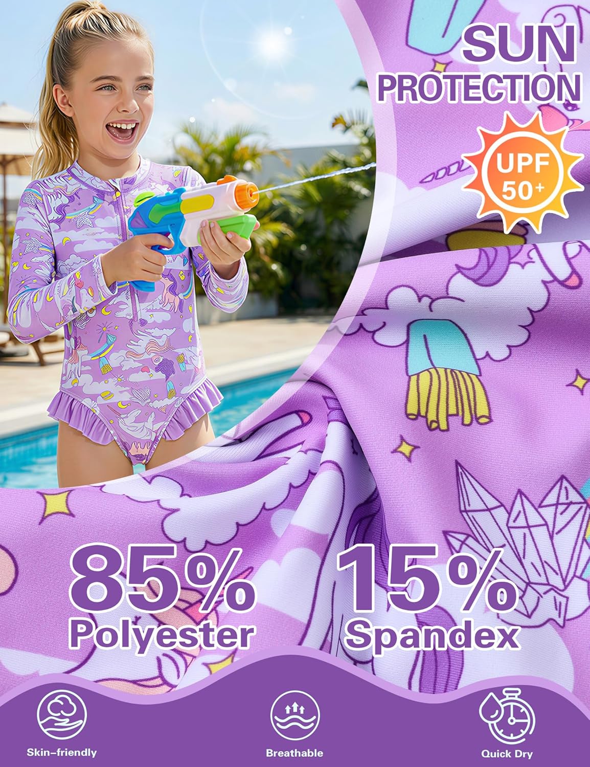 Girls Swimsuits Cute Kids Long Sleeve Rash Guard Bathing Suit Quick Drying One Piece Beach Swimwear with UPF 50+ - Image 2