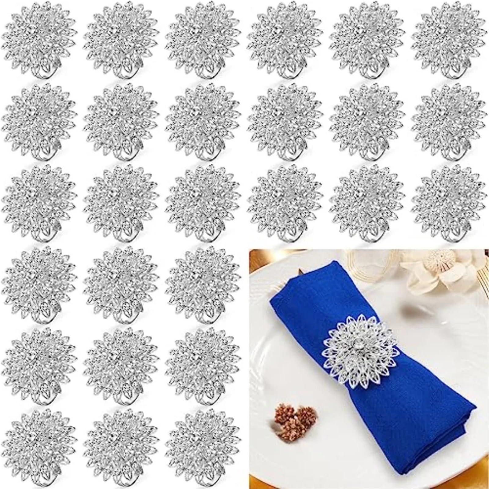 Lot de 12 Ronds Serviette argentés en Forme Fleur, ornés Cristaux et Strass, Parfaits for Un Mariage ou Anniversaire pour DéCoration Table
