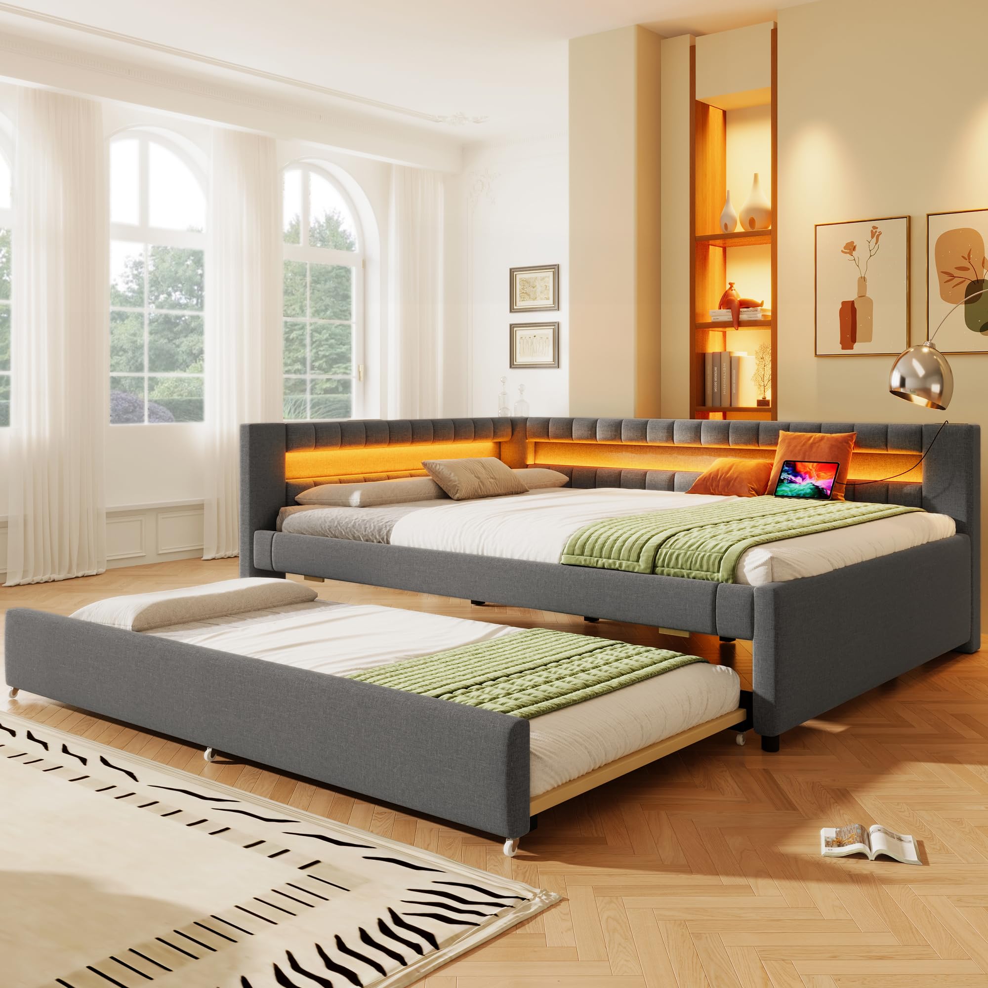 Lubvtti Divano letto 140×200 cm, testiera a L con striscia luminosa a LED, Divano letto con letto estraibile 90×190, Letto matrimoniale con porta USB, Tessuto in lino, Grigio (materasso non incluso)